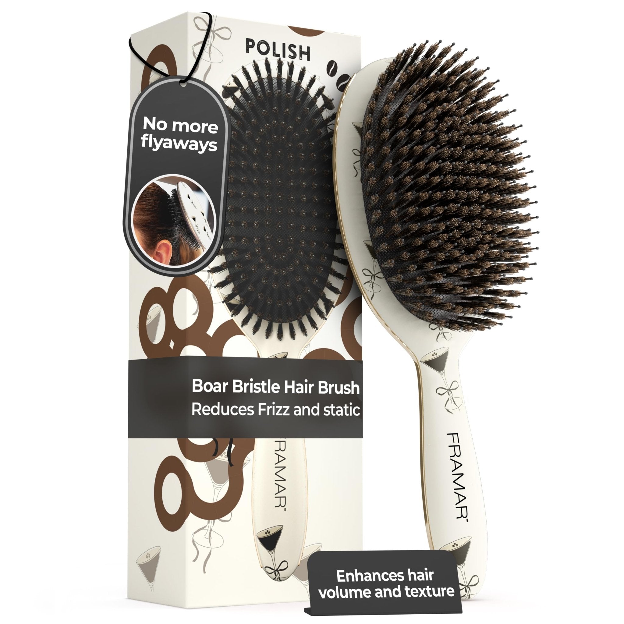 FRAMAR Boar Bristle Hair Brush – Slick Back Hair Brush For Women, Boar Bristle Brush, Slick Back Brush, Hairbrush Women, Brosse a Cheveux, Boar Brush For Volume and Shine – Chocolate - pokemaFRAMAR Boar Bristle Hair Brush – Slick Back Hair Brush For Women, Boar Bristle Brush, Slick Back Brush, Hairbrush Women, Brosse a Cheveux, Boar Brush For Volume and Shine – Chocolate