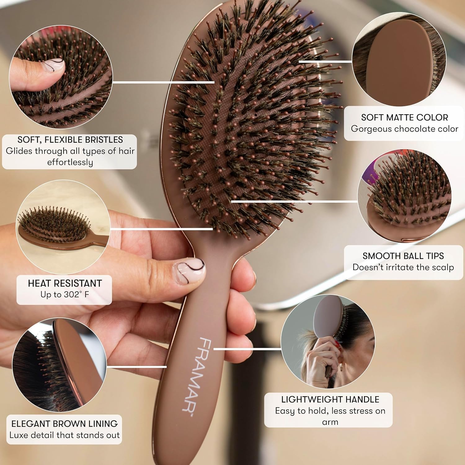 FRAMAR Boar Bristle Hair Brush – Slick Back Hair Brush For Women, Boar Bristle Brush, Slick Back Brush, Hairbrush Women, Brosse a Cheveux, Boar Brush For Volume and Shine – Chocolate - pokemaFRAMAR Boar Bristle Hair Brush – Slick Back Hair Brush For Women, Boar Bristle Brush, Slick Back Brush, Hairbrush Women, Brosse a Cheveux, Boar Brush For Volume and Shine – Chocolate