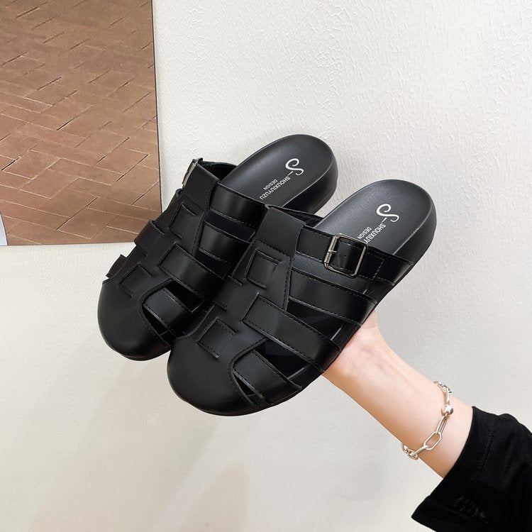 French-style Open-toed Slippers For Women, Summer Outdoor Wear, One-piece Open-toe Roman Sandals, Versatile Casual Mules, Flat Casual Sandals - pokemad5d306d1983c5b422515dbe70fb5128f