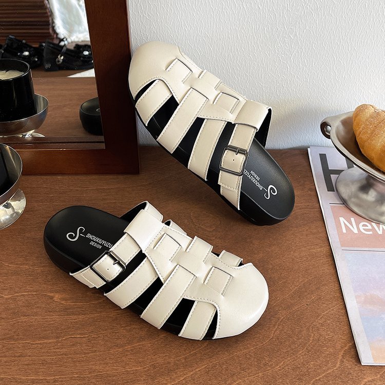 French-style Open-toed Slippers For Women, Summer Outdoor Wear, One-piece Open-toe Roman Sandals, Versatile Casual Mules, Flat Casual Sandals - pokema44ccb9d14a8c580352423a3e5a88ab34