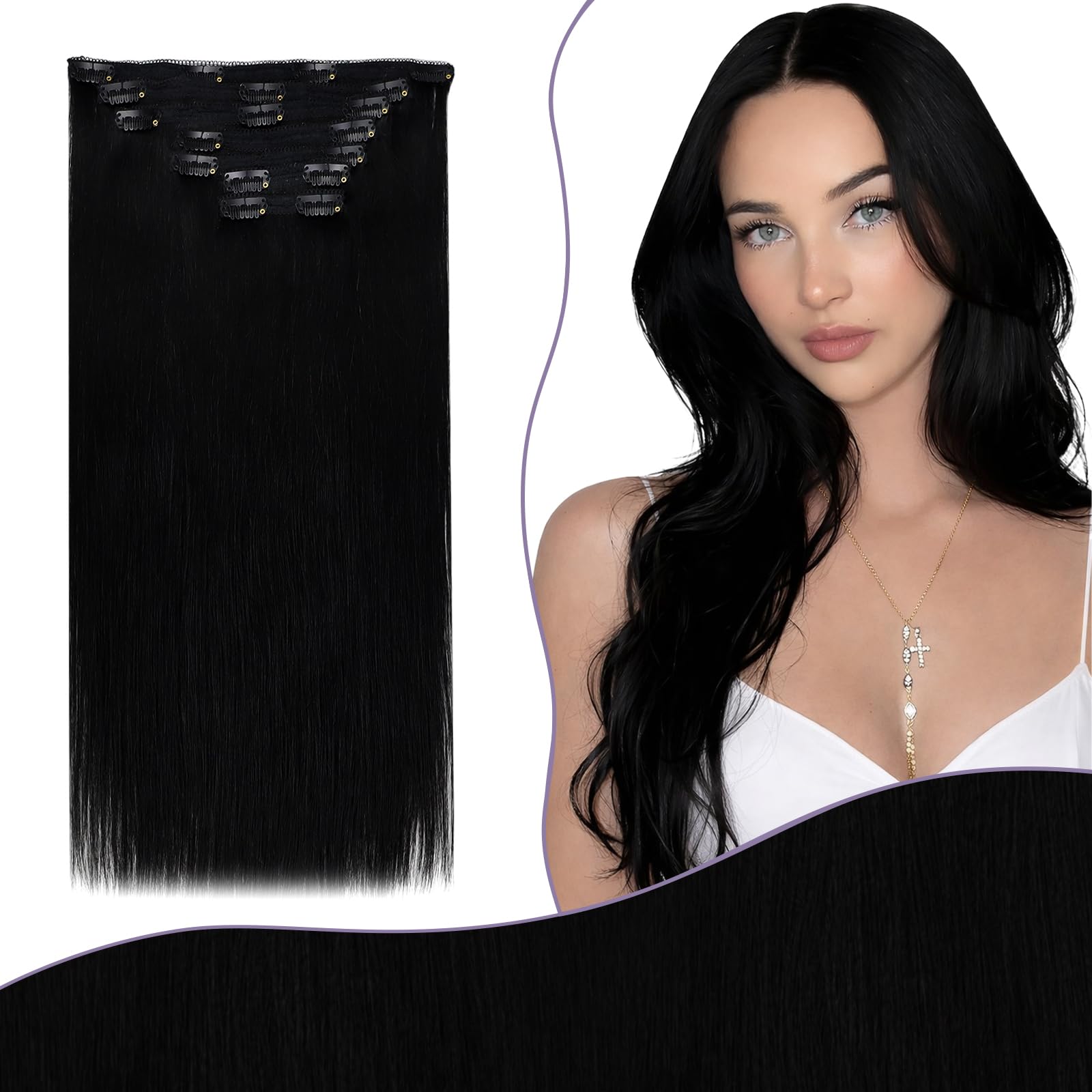 Fshine Clip in Hair Extensions Human Hair Jet Black 26 in 135 G For Party | 7pcs, Hair Extensions, for Women, Add Volume and Length - pokemaFshine Clip in Hair Extensions Human Hair Jet Black 26 in 135 G For Party | 7pcs, Hair Extensions, for Women, Add Volume and Length