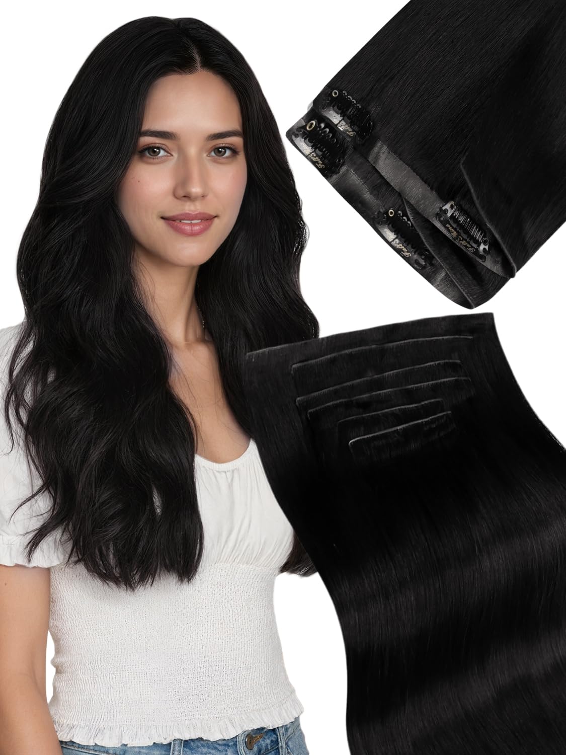 Fshine Clip in Hair Extensions Human Hair Jet Black 26 in 135 G For Party | 7pcs, Hair Extensions, for Women, Add Volume and Length - pokemaFshine Clip in Hair Extensions Human Hair Jet Black 26 in 135 G For Party | 7pcs, Hair Extensions, for Women, Add Volume and Length