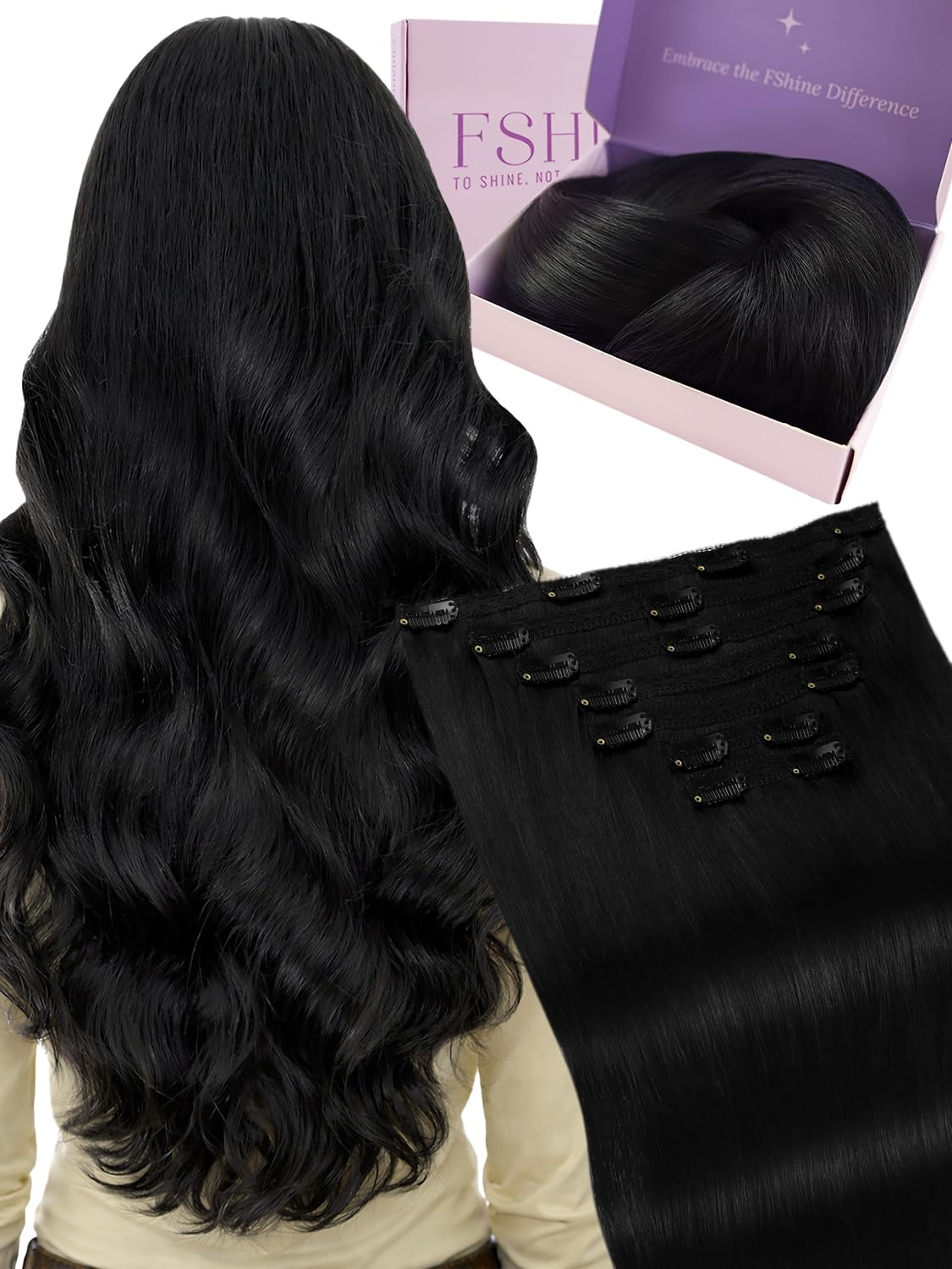 Fshine Clip in Hair Extensions Human Hair Jet Black 26 in 135 G For Party | 7pcs, Hair Extensions, for Women, Add Volume and Length - pokemaFshine Clip in Hair Extensions Human Hair Jet Black 26 in 135 G For Party | 7pcs, Hair Extensions, for Women, Add Volume and Length