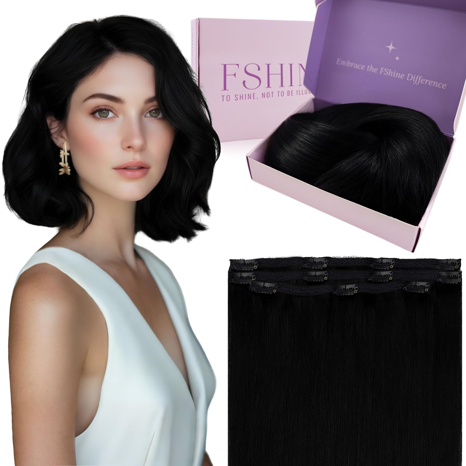 Fshine Clip in Hair Extensions Human Hair Jet Black 26 in 135 G For Party | 7pcs, Hair Extensions, for Women, Add Volume and Length - pokemaFshine Clip in Hair Extensions Human Hair Jet Black 26 in 135 G For Party | 7pcs, Hair Extensions, for Women, Add Volume and Length