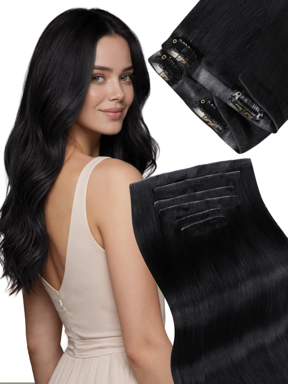 Fshine Clip in Hair Extensions Human Hair Jet Black 26 in 135 G For Party | 7pcs, Hair Extensions, for Women, Add Volume and Length - pokemaFshine Clip in Hair Extensions Human Hair Jet Black 26 in 135 G For Party | 7pcs, Hair Extensions, for Women, Add Volume and Length