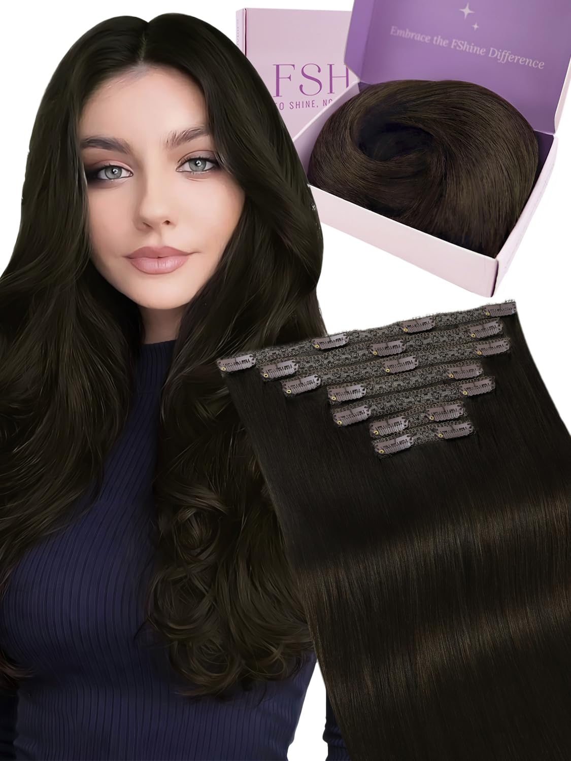 Fshine Clip in Hair Extensions Human Hair Jet Black 26 in 135 G For Party | 7pcs, Hair Extensions, for Women, Add Volume and Length - pokemaFshine Clip in Hair Extensions Human Hair Jet Black 26 in 135 G For Party | 7pcs, Hair Extensions, for Women, Add Volume and Length