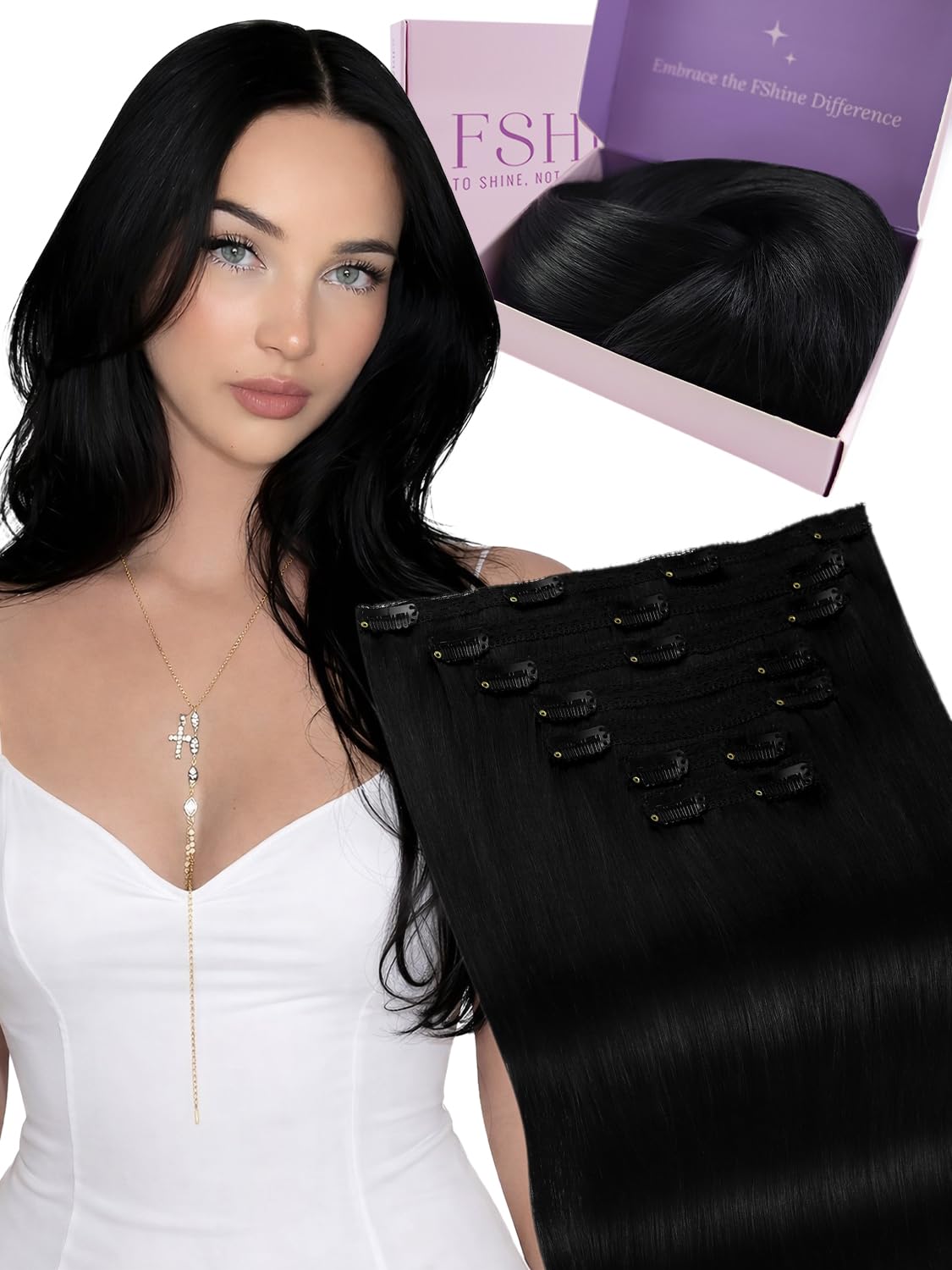 Fshine Clip in Hair Extensions Human Hair Jet Black 26 in 135 G For Party | 7pcs, Hair Extensions, for Women, Add Volume and Length - pokemaFshine Clip in Hair Extensions Human Hair Jet Black 26 in 135 G For Party | 7pcs, Hair Extensions, for Women, Add Volume and Length
