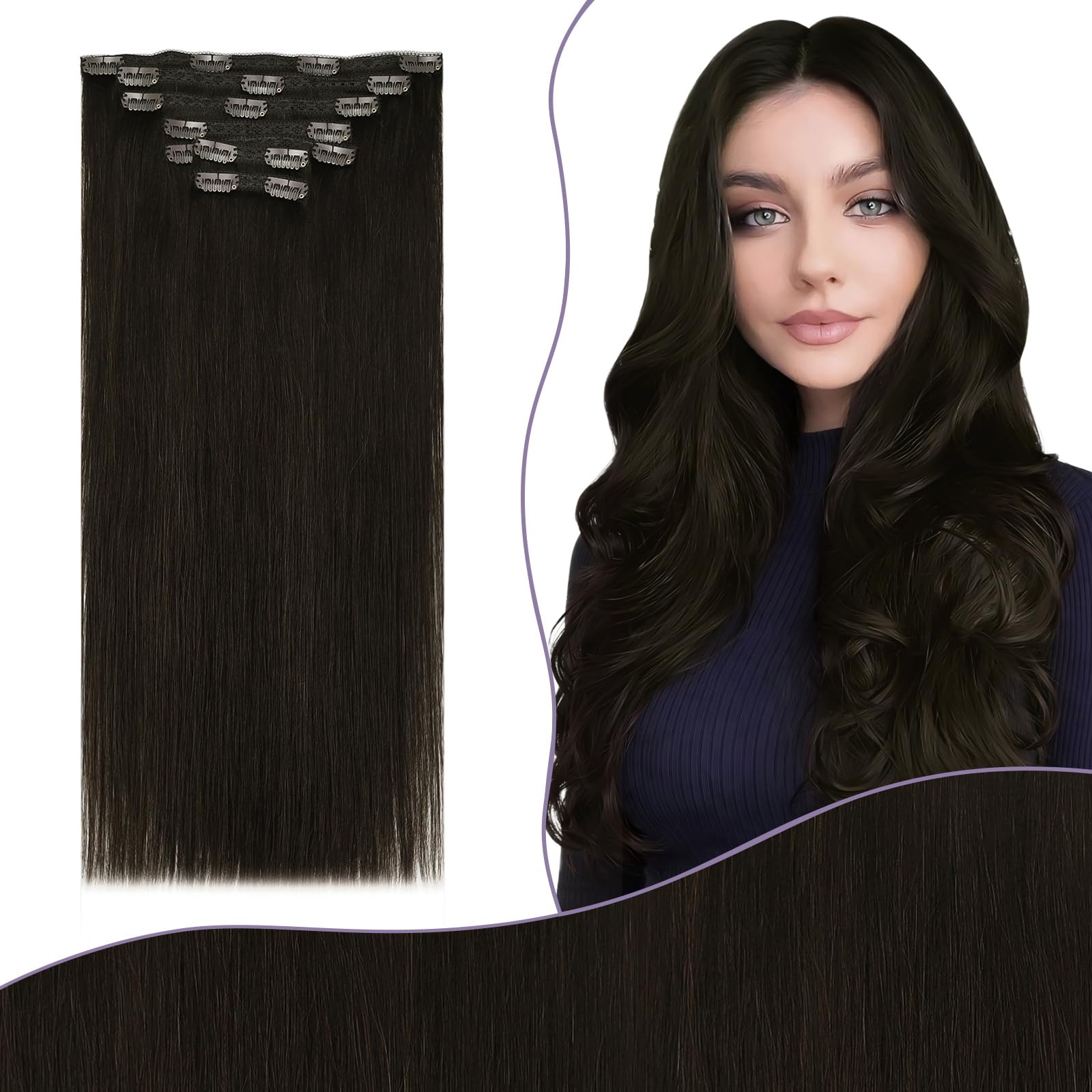 Fshine Clip in Hair Extensions Human Hair Jet Black 26 in 135 G For Party | 7pcs, Hair Extensions, for Women, Add Volume and Length - pokemaFshine Clip in Hair Extensions Human Hair Jet Black 26 in 135 G For Party | 7pcs, Hair Extensions, for Women, Add Volume and Length