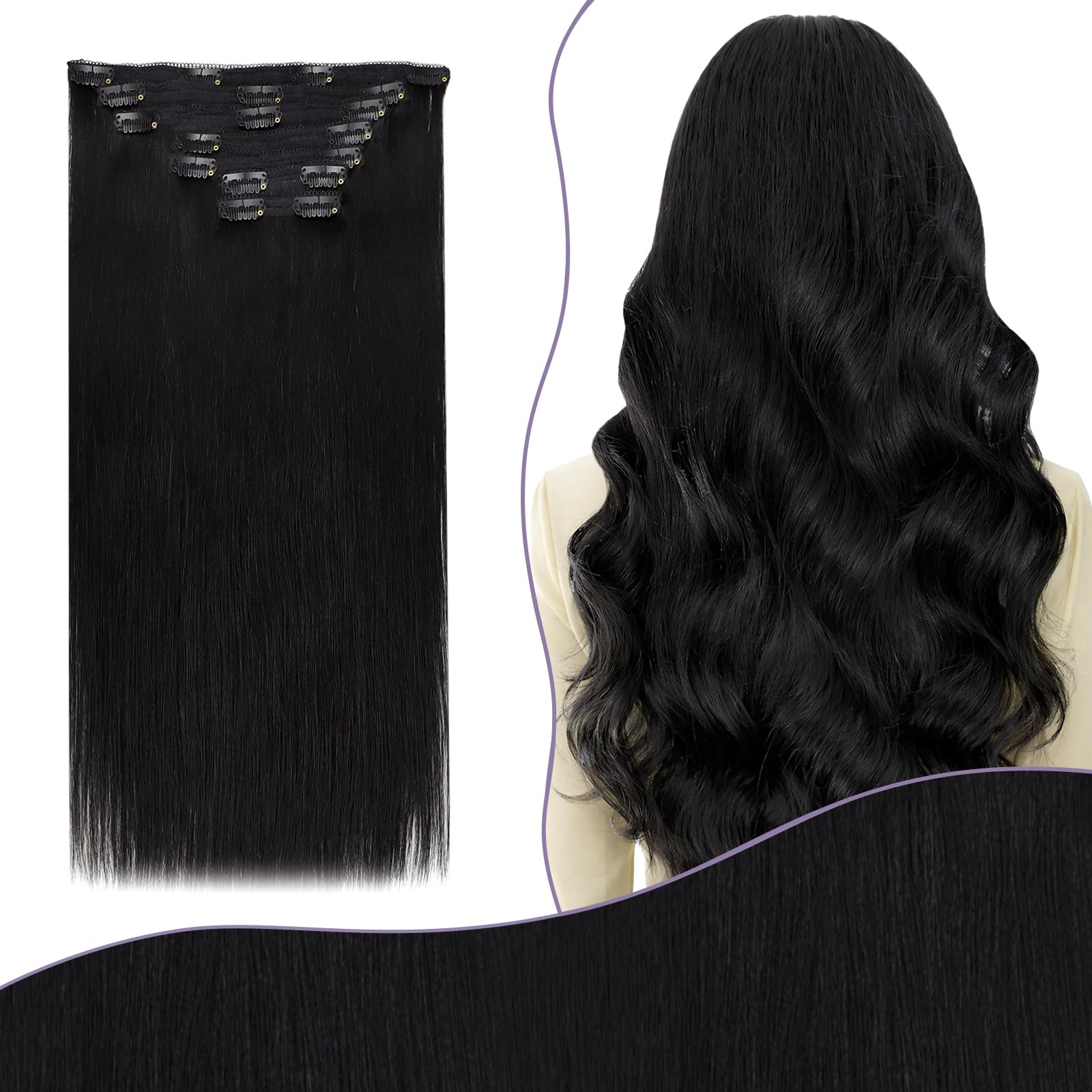 Fshine Clip in Hair Extensions Human Hair Jet Black 26 in 135 G For Party | 7pcs, Hair Extensions, for Women, Add Volume and Length - pokemaFshine Clip in Hair Extensions Human Hair Jet Black 26 in 135 G For Party | 7pcs, Hair Extensions, for Women, Add Volume and Length