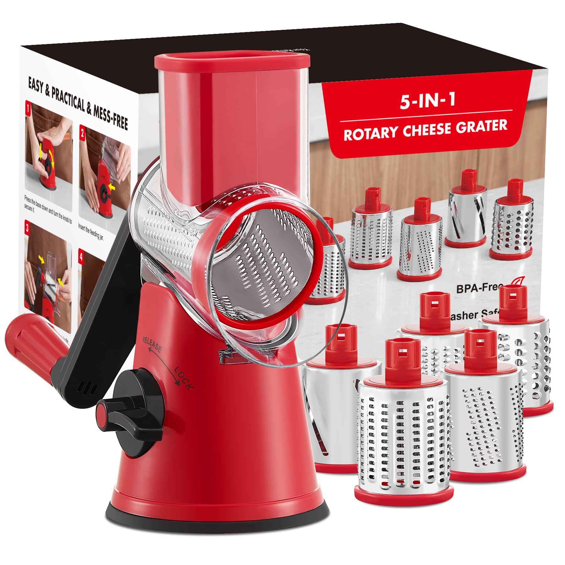 GDL Cheese Grater Rotary, Cheese Shredder Vegetable Slicer, 3 Blades | 12x Fast Cutting, Non-slip Suction Base, No BPA, Stainless Steel Blade, Dishwasher Safe, Easy Use for Cheese, Veggies, Nuts - pokemaGDL Cheese Grater Rotary, Cheese Shredder Vegetable Slicer, 3 Blades | 12x Fast Cutting, Non-slip Suction Base, No BPA, Stainless Steel Blade, Dishwasher Safe, Easy Use for Cheese, Veggies, Nuts