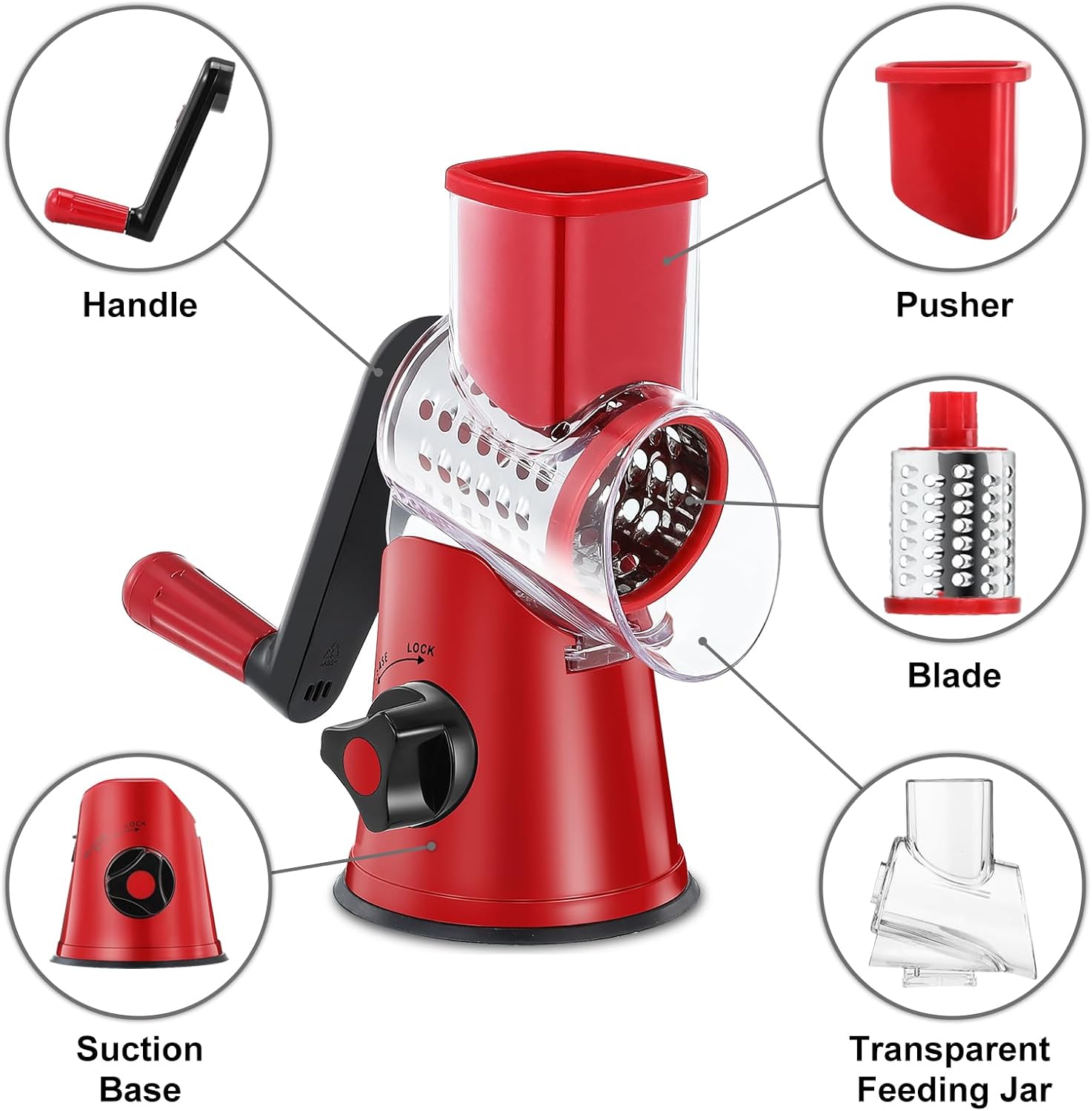 GDL Cheese Grater Rotary, Cheese Shredder Vegetable Slicer, 3 Blades | 12x Fast Cutting, Non-slip Suction Base, No BPA, Stainless Steel Blade, Dishwasher Safe, Easy Use for Cheese, Veggies, Nuts - pokemaGDL Cheese Grater Rotary, Cheese Shredder Vegetable Slicer, 3 Blades | 12x Fast Cutting, Non-slip Suction Base, No BPA, Stainless Steel Blade, Dishwasher Safe, Easy Use for Cheese, Veggies, Nuts