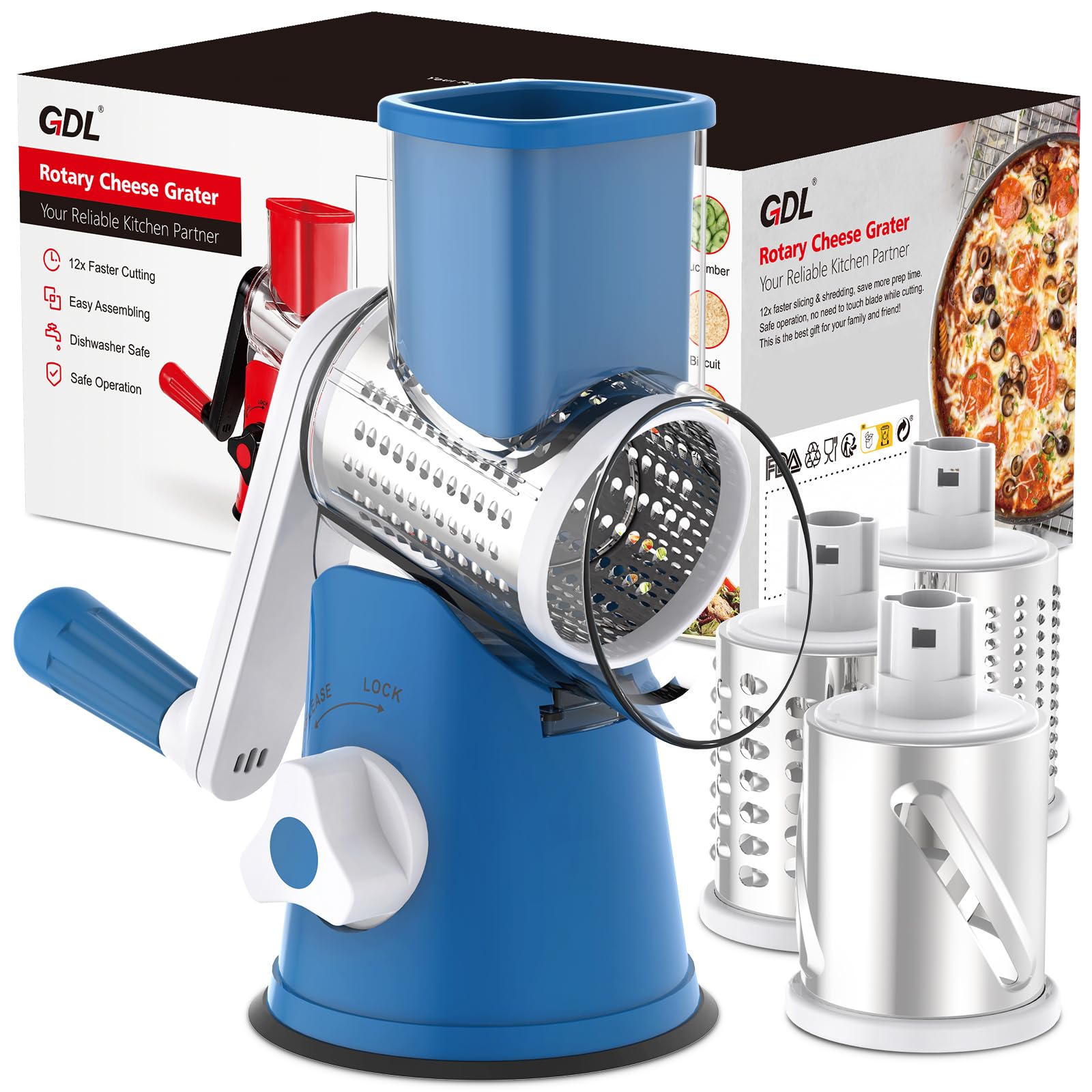 GDL Cheese Grater Rotary, Cheese Shredder Vegetable Slicer, 3 Blades | 12x Fast Cutting, Non-slip Suction Base, No BPA, Stainless Steel Blade, Dishwasher Safe, Easy Use for Cheese, Veggies, Nuts - pokemaGDL Cheese Grater Rotary, Cheese Shredder Vegetable Slicer, 3 Blades | 12x Fast Cutting, Non-slip Suction Base, No BPA, Stainless Steel Blade, Dishwasher Safe, Easy Use for Cheese, Veggies, Nuts
