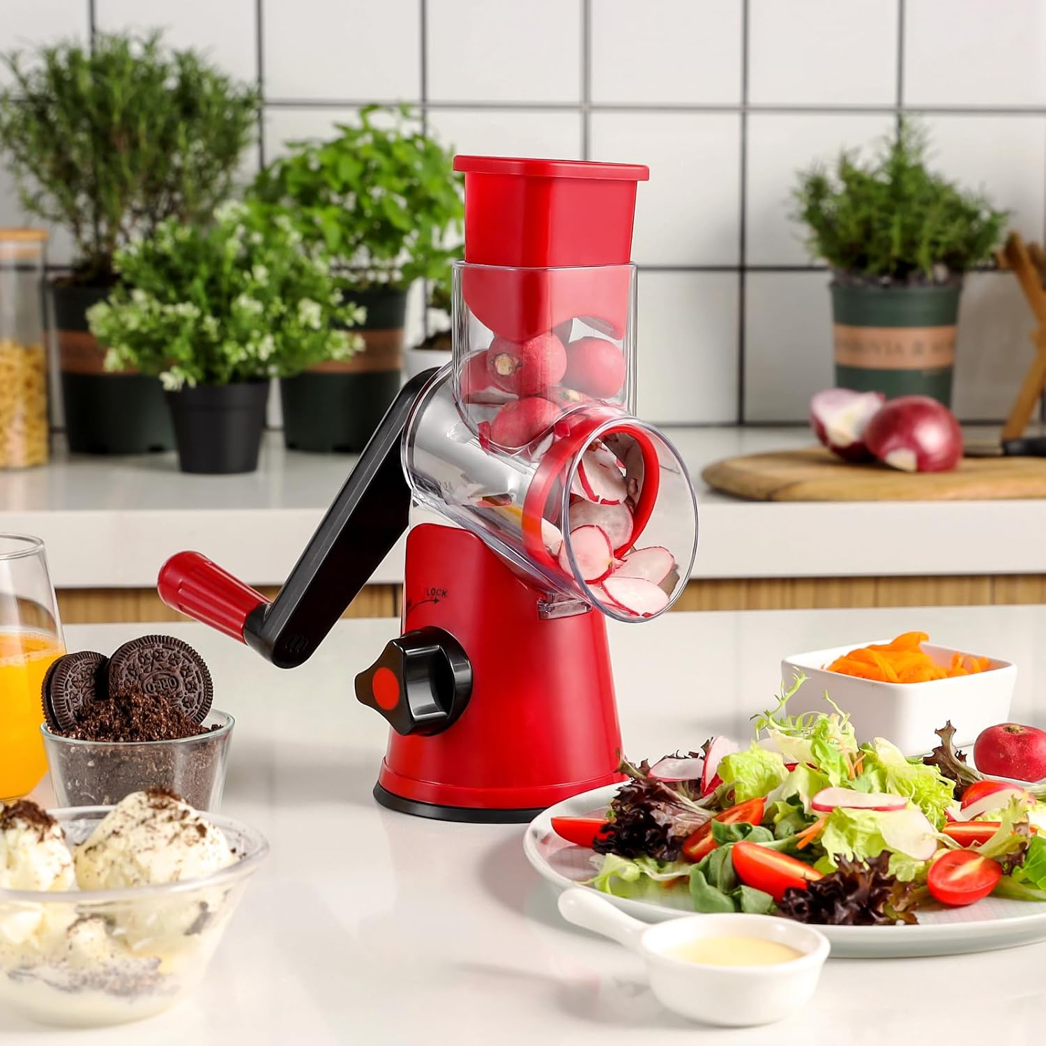 GDL Cheese Grater Rotary, Cheese Shredder Vegetable Slicer, 3 Blades | 12x Fast Cutting, Non-slip Suction Base, No BPA, Stainless Steel Blade, Dishwasher Safe, Easy Use for Cheese, Veggies, Nuts - pokemaGDL Cheese Grater Rotary, Cheese Shredder Vegetable Slicer, 3 Blades | 12x Fast Cutting, Non-slip Suction Base, No BPA, Stainless Steel Blade, Dishwasher Safe, Easy Use for Cheese, Veggies, Nuts