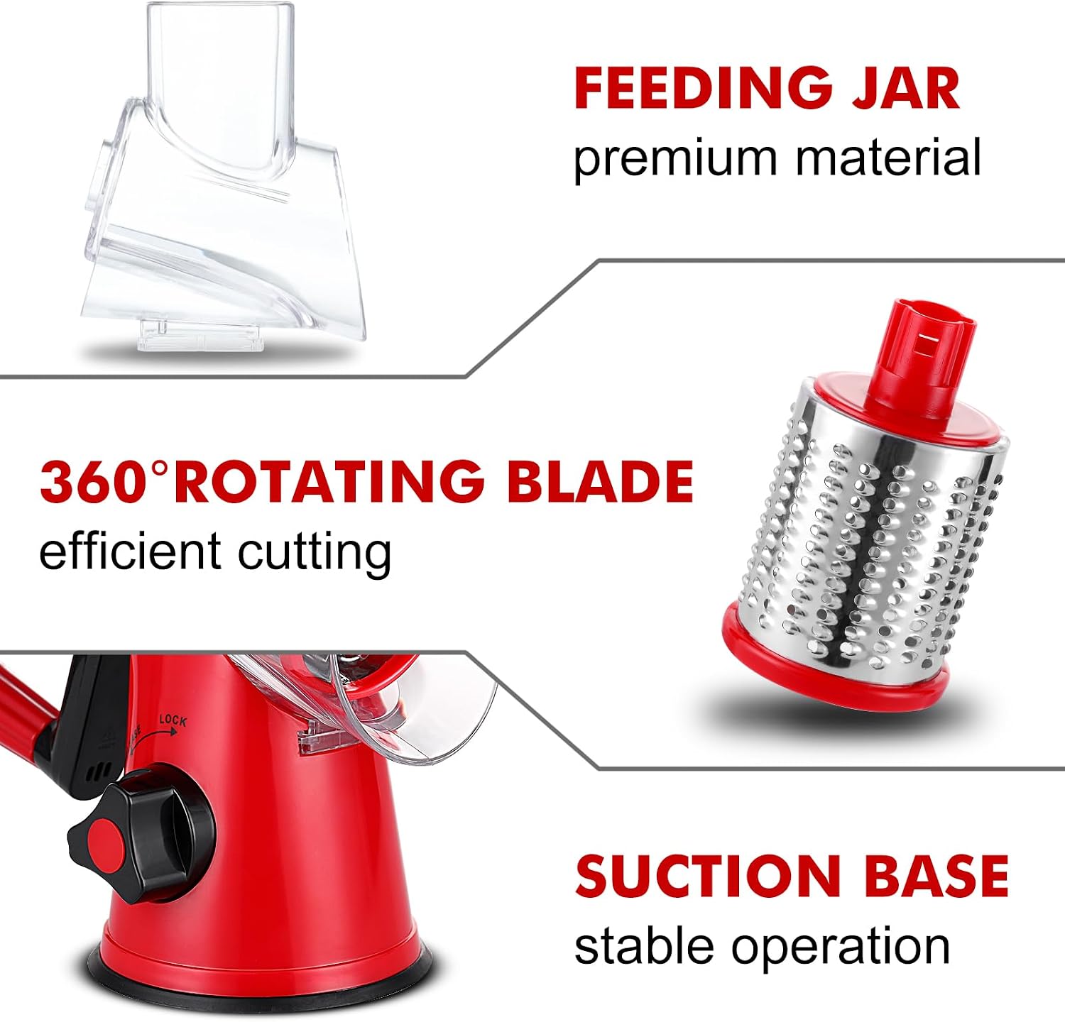 GDL Cheese Grater Rotary, Cheese Shredder Vegetable Slicer, 3 Blades | 12x Fast Cutting, Non-slip Suction Base, No BPA, Stainless Steel Blade, Dishwasher Safe, Easy Use for Cheese, Veggies, Nuts - pokemaGDL Cheese Grater Rotary, Cheese Shredder Vegetable Slicer, 3 Blades | 12x Fast Cutting, Non-slip Suction Base, No BPA, Stainless Steel Blade, Dishwasher Safe, Easy Use for Cheese, Veggies, Nuts