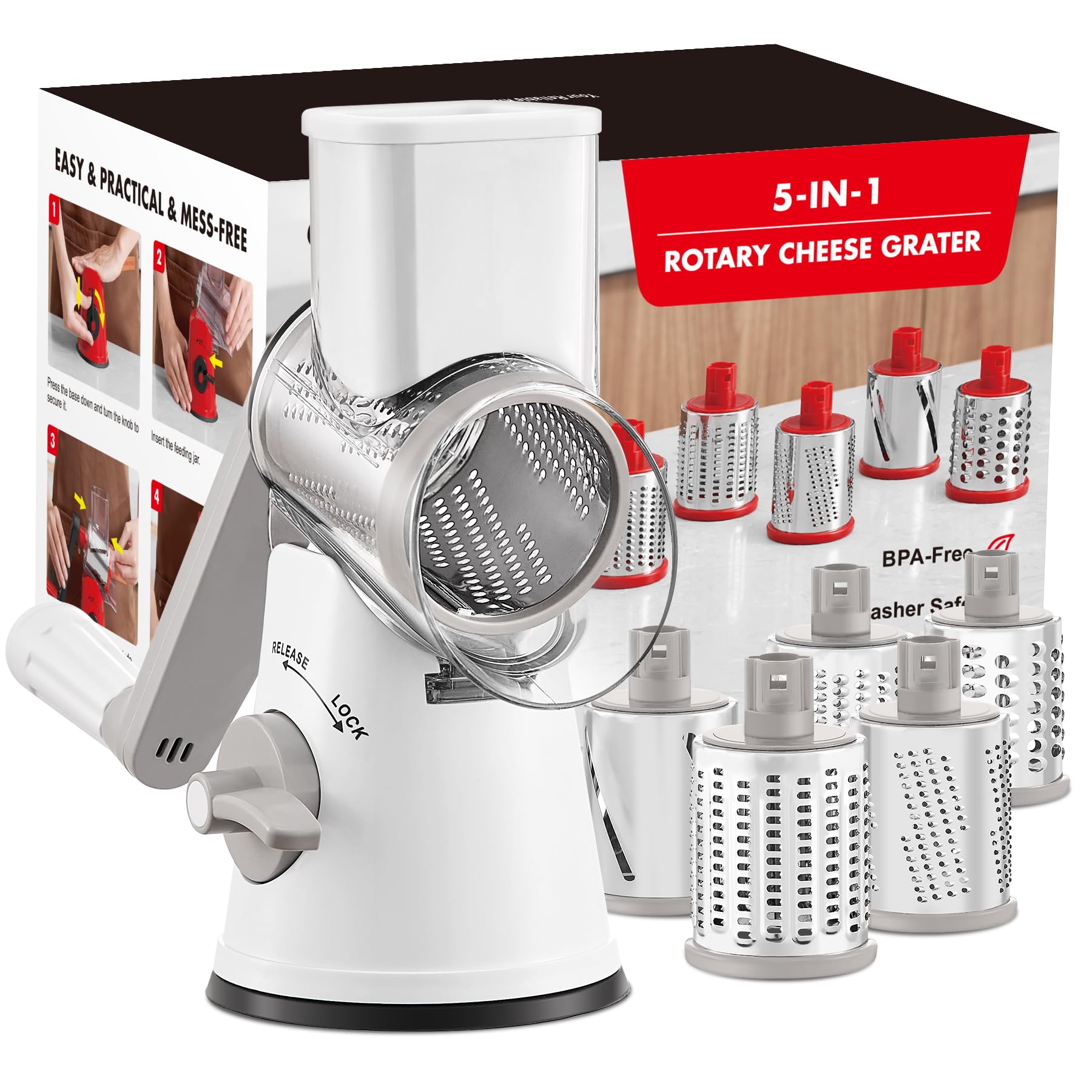 GDL Cheese Grater Rotary, Cheese Shredder Vegetable Slicer, 3 Blades | 12x Fast Cutting, Non-slip Suction Base, No BPA, Stainless Steel Blade, Dishwasher Safe, Easy Use for Cheese, Veggies, Nuts - pokemaGDL Cheese Grater Rotary, Cheese Shredder Vegetable Slicer, 3 Blades | 12x Fast Cutting, Non-slip Suction Base, No BPA, Stainless Steel Blade, Dishwasher Safe, Easy Use for Cheese, Veggies, Nuts