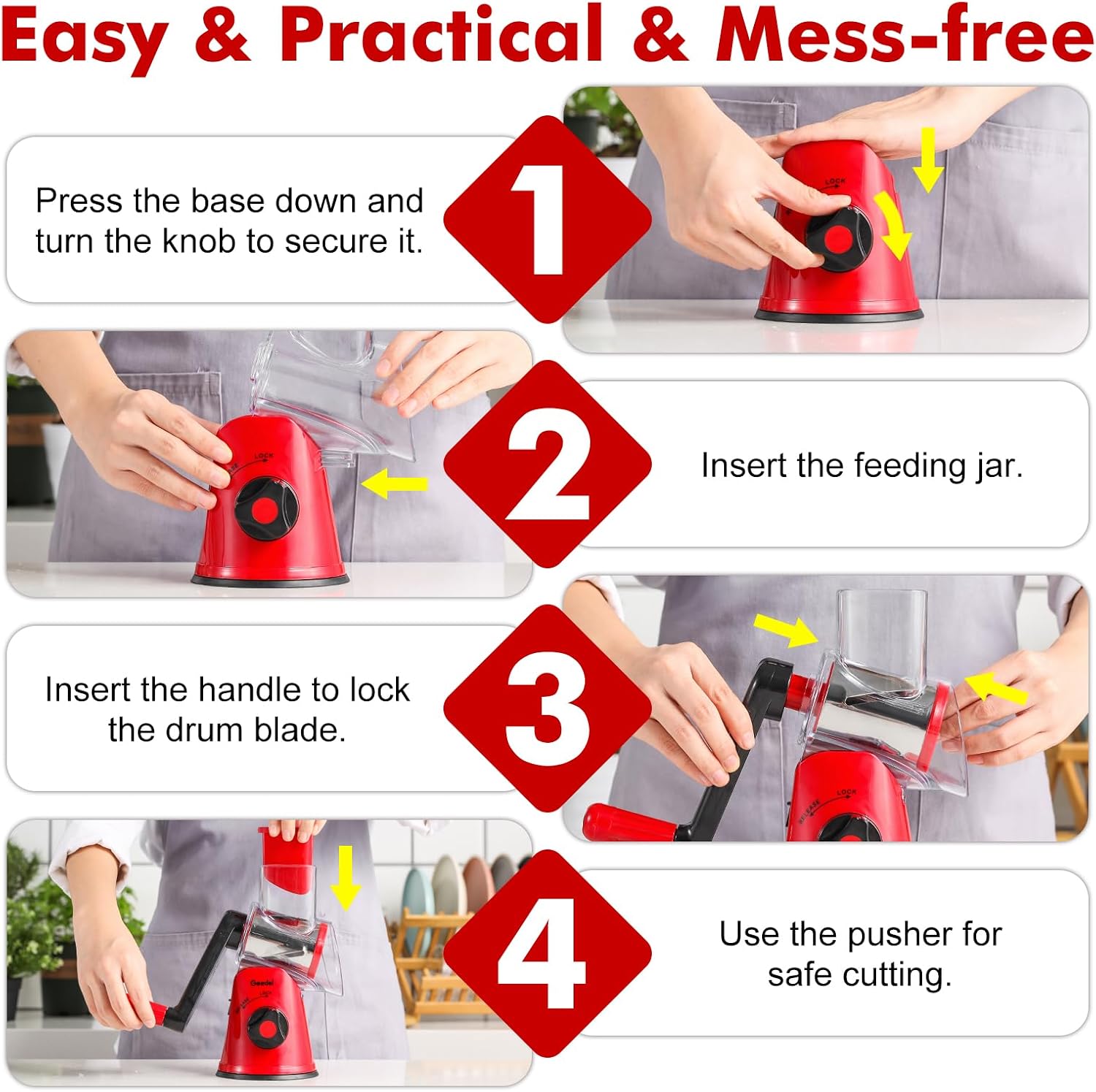 GDL Cheese Grater Rotary, Cheese Shredder Vegetable Slicer, 3 Blades | 12x Fast Cutting, Non-slip Suction Base, No BPA, Stainless Steel Blade, Dishwasher Safe, Easy Use for Cheese, Veggies, Nuts - pokemaGDL Cheese Grater Rotary, Cheese Shredder Vegetable Slicer, 3 Blades | 12x Fast Cutting, Non-slip Suction Base, No BPA, Stainless Steel Blade, Dishwasher Safe, Easy Use for Cheese, Veggies, Nuts