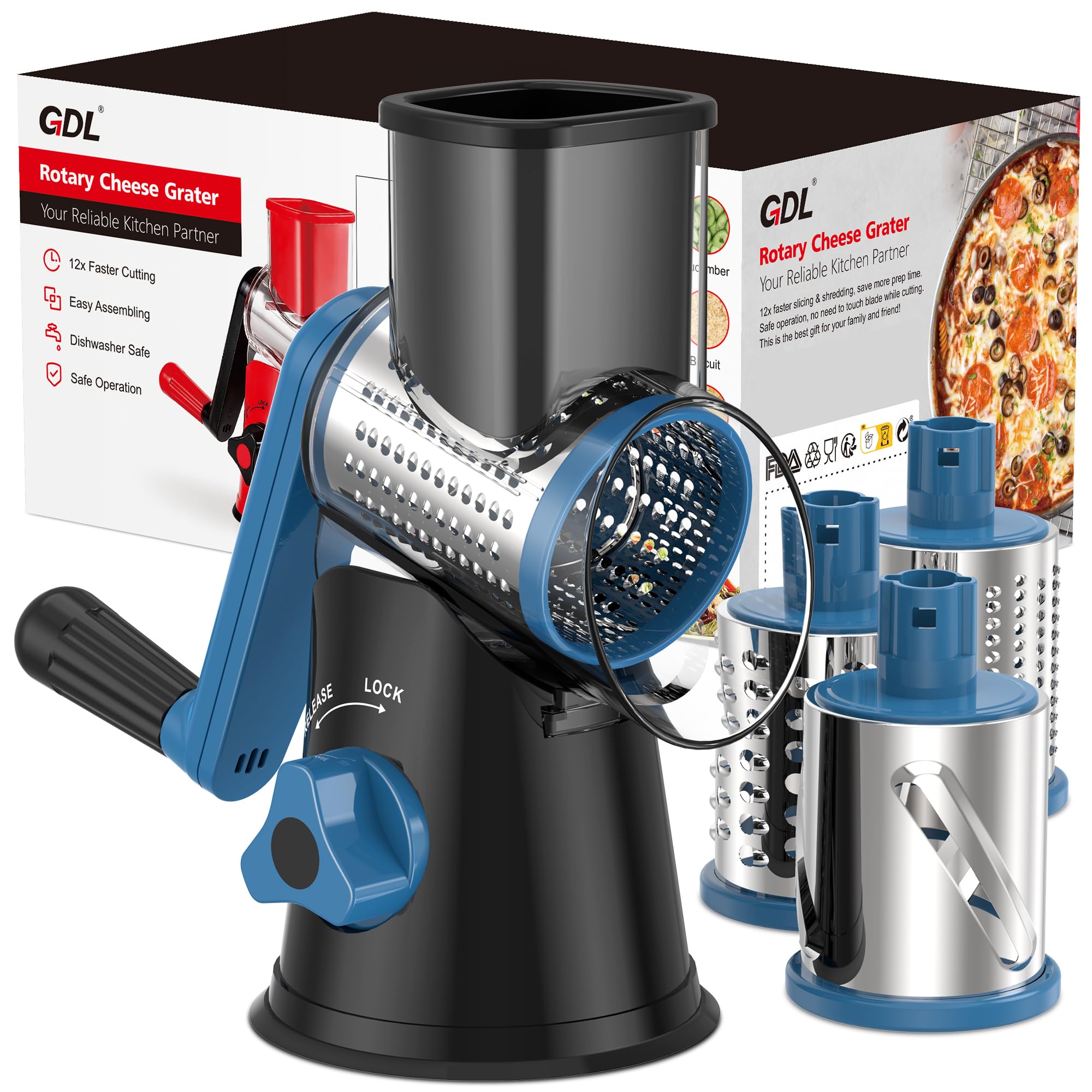 GDL Cheese Grater Rotary, Cheese Shredder Vegetable Slicer, 3 Blades | 12x Fast Cutting, Non-slip Suction Base, No BPA, Stainless Steel Blade, Dishwasher Safe, Easy Use for Cheese, Veggies, Nuts - pokemaGDL Cheese Grater Rotary, Cheese Shredder Vegetable Slicer, 3 Blades | 12x Fast Cutting, Non-slip Suction Base, No BPA, Stainless Steel Blade, Dishwasher Safe, Easy Use for Cheese, Veggies, Nuts