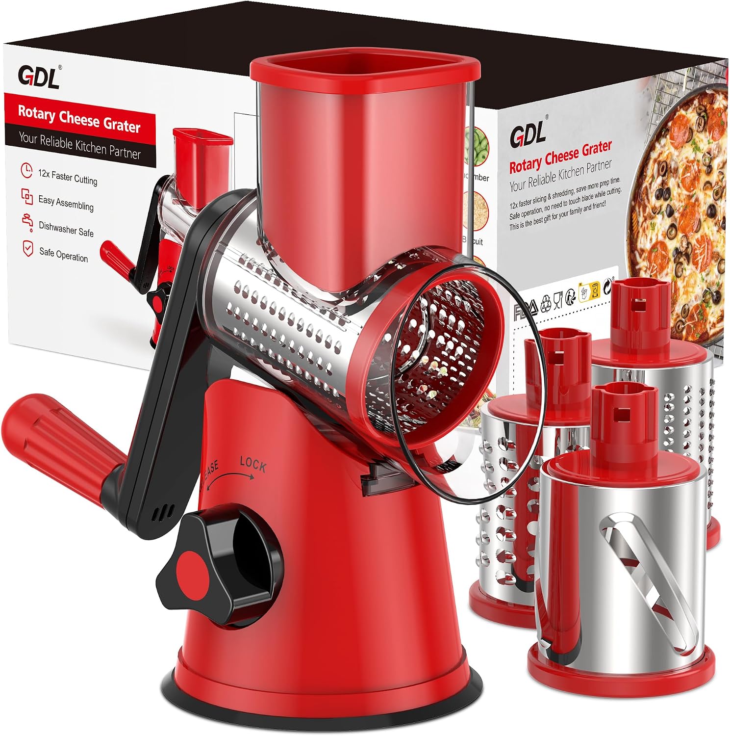 GDL Cheese Grater Rotary, Cheese Shredder Vegetable Slicer, 3 Blades | 12x Fast Cutting, Non-slip Suction Base, No BPA, Stainless Steel Blade, Dishwasher Safe, Easy Use for Cheese, Veggies, Nuts - pokemaGDL Cheese Grater Rotary, Cheese Shredder Vegetable Slicer, 3 Blades | 12x Fast Cutting, Non-slip Suction Base, No BPA, Stainless Steel Blade, Dishwasher Safe, Easy Use for Cheese, Veggies, Nuts