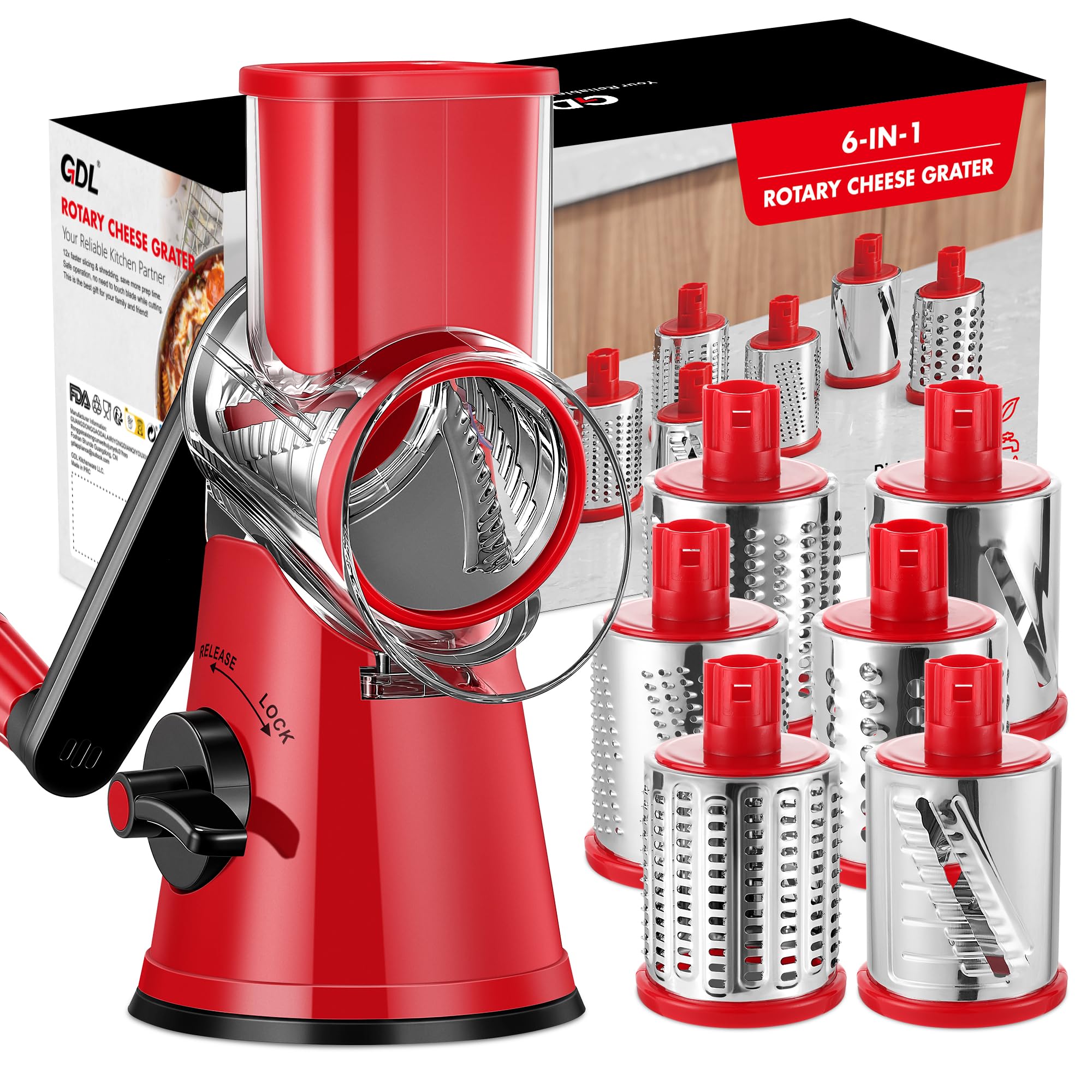 GDL Cheese Grater Rotary, Cheese Shredder Vegetable Slicer, 3 Blades | 12x Fast Cutting, Non-slip Suction Base, No BPA, Stainless Steel Blade, Dishwasher Safe, Easy Use for Cheese, Veggies, Nuts - pokemaGDL Cheese Grater Rotary, Cheese Shredder Vegetable Slicer, 3 Blades | 12x Fast Cutting, Non-slip Suction Base, No BPA, Stainless Steel Blade, Dishwasher Safe, Easy Use for Cheese, Veggies, Nuts