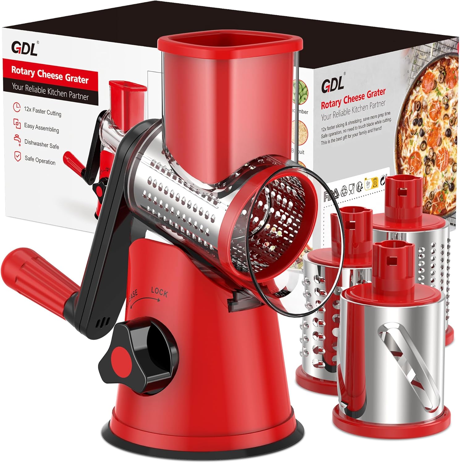 GDL Cheese Grater Rotary, Cheese Shredder Vegetable Slicer, 3 Blades | 12x Fast Cutting, Non-slip Suction Base, No BPA, Stainless Steel Blade, Dishwasher Safe, Easy Use for Cheese, Veggies, Nuts - pokemaGDL Cheese Grater Rotary, Cheese Shredder Vegetable Slicer, 3 Blades | 12x Fast Cutting, Non-slip Suction Base, No BPA, Stainless Steel Blade, Dishwasher Safe, Easy Use for Cheese, Veggies, Nuts