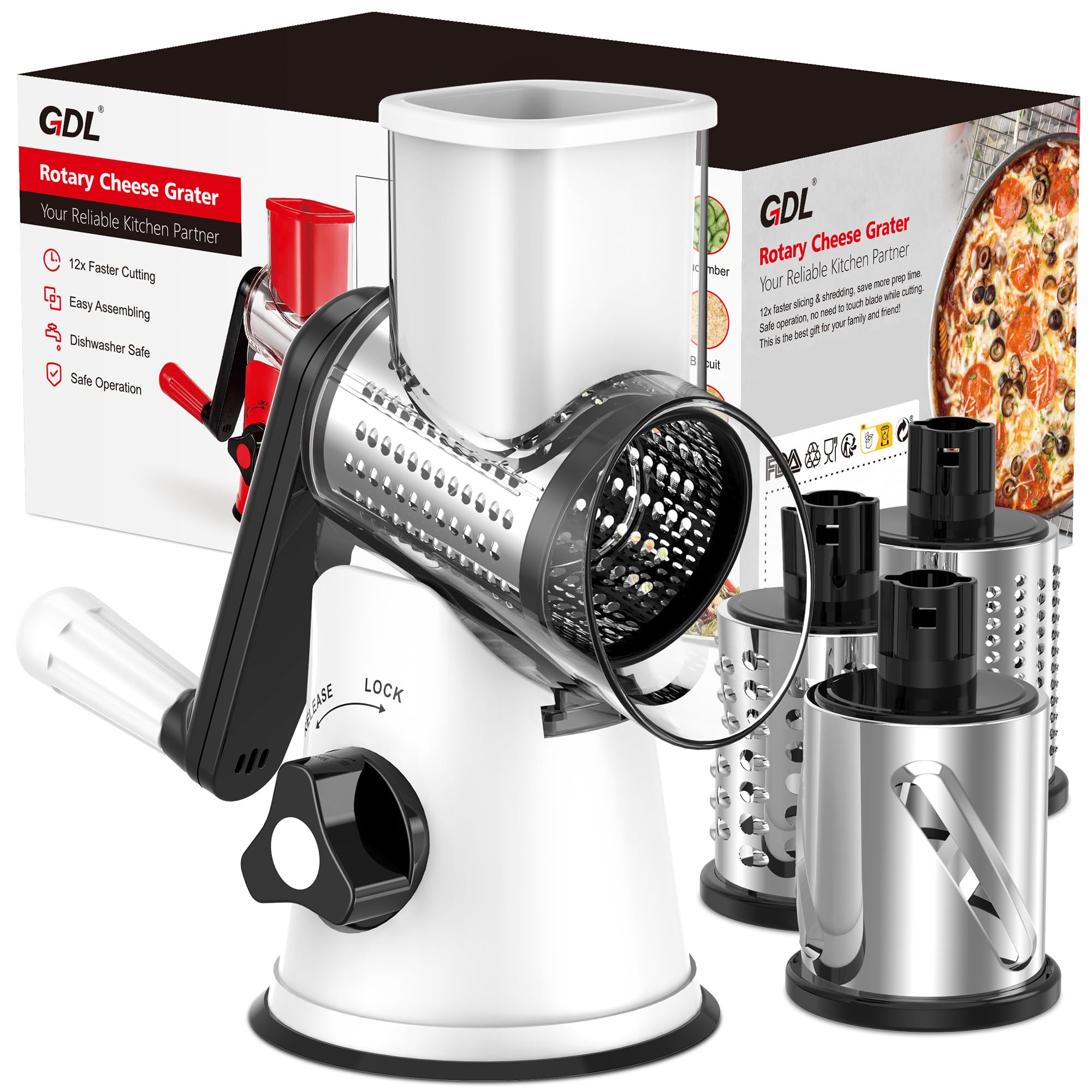 GDL Cheese Grater Rotary, Cheese Shredder Vegetable Slicer, 3 Blades | 12x Fast Cutting, Non-slip Suction Base, No BPA, Stainless Steel Blade, Dishwasher Safe, Easy Use for Cheese, Veggies, Nuts - pokemaGDL Cheese Grater Rotary, Cheese Shredder Vegetable Slicer, 3 Blades | 12x Fast Cutting, Non-slip Suction Base, No BPA, Stainless Steel Blade, Dishwasher Safe, Easy Use for Cheese, Veggies, Nuts