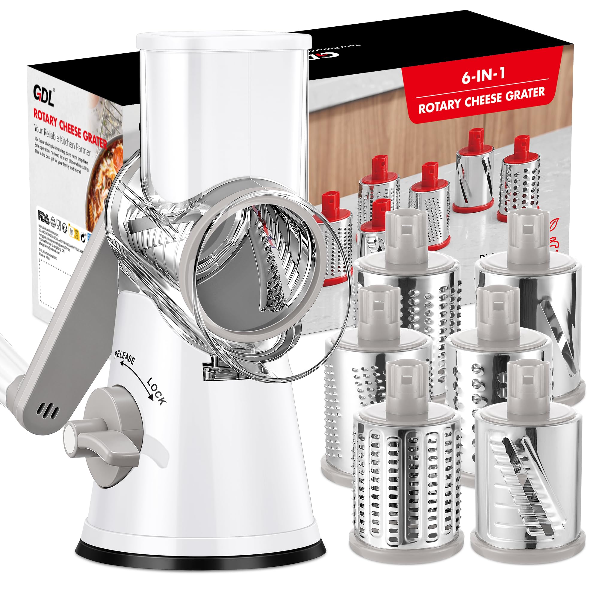 GDL Cheese Grater Rotary, Cheese Shredder Vegetable Slicer, 3 Blades | 12x Fast Cutting, Non-slip Suction Base, No BPA, Stainless Steel Blade, Dishwasher Safe, Easy Use for Cheese, Veggies, Nuts - pokemaGDL Cheese Grater Rotary, Cheese Shredder Vegetable Slicer, 3 Blades | 12x Fast Cutting, Non-slip Suction Base, No BPA, Stainless Steel Blade, Dishwasher Safe, Easy Use for Cheese, Veggies, Nuts