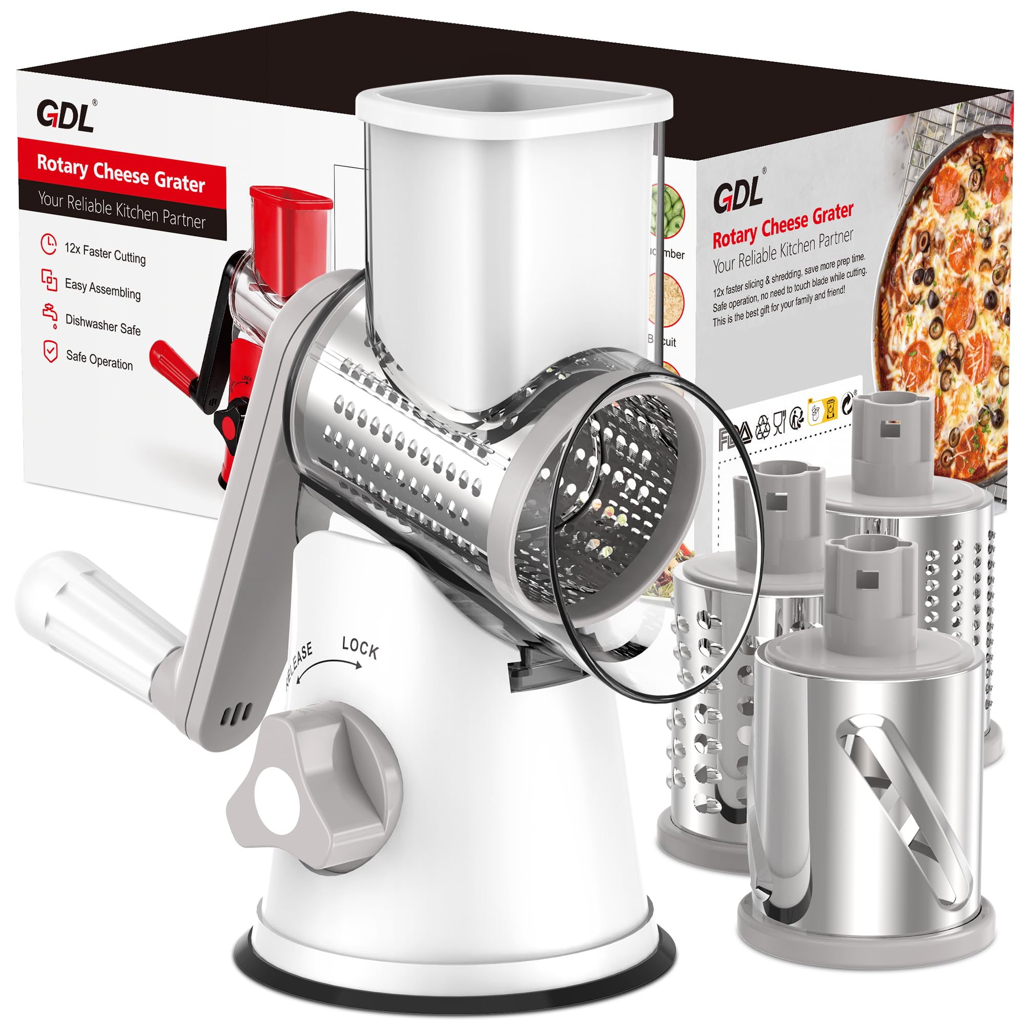 GDL Cheese Grater Rotary, Cheese Shredder Vegetable Slicer, 3 Blades | 12x Fast Cutting, Non-slip Suction Base, No BPA, Stainless Steel Blade, Dishwasher Safe, Easy Use for Cheese, Veggies, Nuts - pokemaGDL Cheese Grater Rotary, Cheese Shredder Vegetable Slicer, 3 Blades | 12x Fast Cutting, Non-slip Suction Base, No BPA, Stainless Steel Blade, Dishwasher Safe, Easy Use for Cheese, Veggies, Nuts