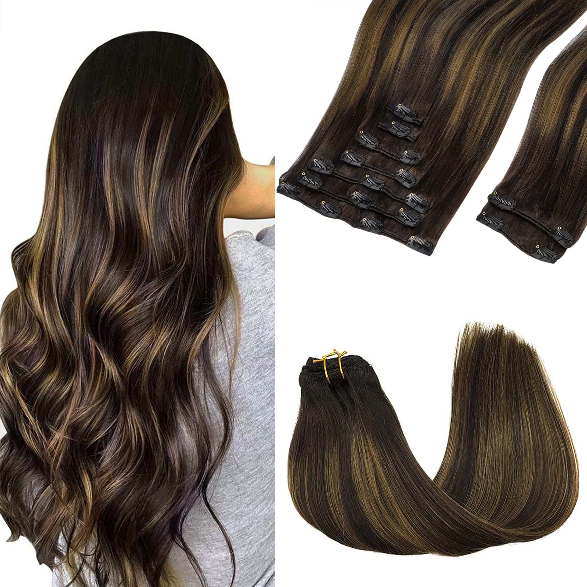 GOO GOO Clip in Hair Extensions Human Hair, 14inch 120g 7Pcs, 3/8/613 Balayage Walnut Brown to Ash Brown and Bleach Blonde, Hair extensions for women, Human Hair Extensions Clip in - pokemaGOO GOO Clip in Hair Extensions Human Hair, 14inch 120g 7Pcs, 3/8/613 Balayage Walnut Brown to Ash Brown and Bleach Blonde, Hair extensions for women, Human Hair Extensions Clip in
