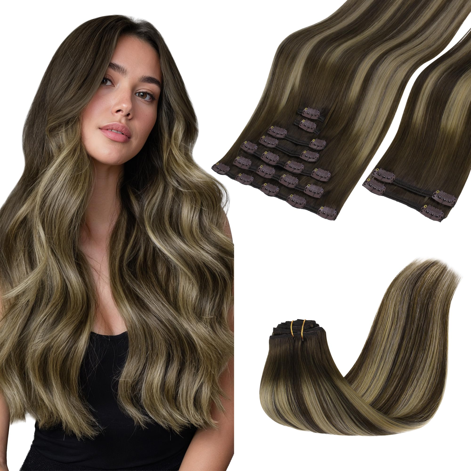 GOO GOO Clip in Hair Extensions Human Hair, 14inch 120g 7Pcs, 3/8/613 Balayage Walnut Brown to Ash Brown and Bleach Blonde, Hair extensions for women, Human Hair Extensions Clip in - pokemaGOO GOO Clip in Hair Extensions Human Hair, 14inch 120g 7Pcs, 3/8/613 Balayage Walnut Brown to Ash Brown and Bleach Blonde, Hair extensions for women, Human Hair Extensions Clip in