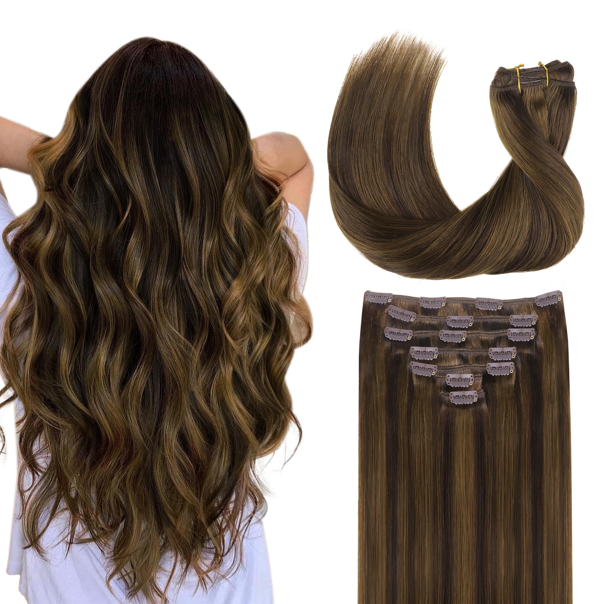 GOO GOO Clip in Hair Extensions Human Hair, 14inch 120g 7Pcs, 3/8/613 Balayage Walnut Brown to Ash Brown and Bleach Blonde, Hair extensions for women, Human Hair Extensions Clip in - pokemaGOO GOO Clip in Hair Extensions Human Hair, 14inch 120g 7Pcs, 3/8/613 Balayage Walnut Brown to Ash Brown and Bleach Blonde, Hair extensions for women, Human Hair Extensions Clip in