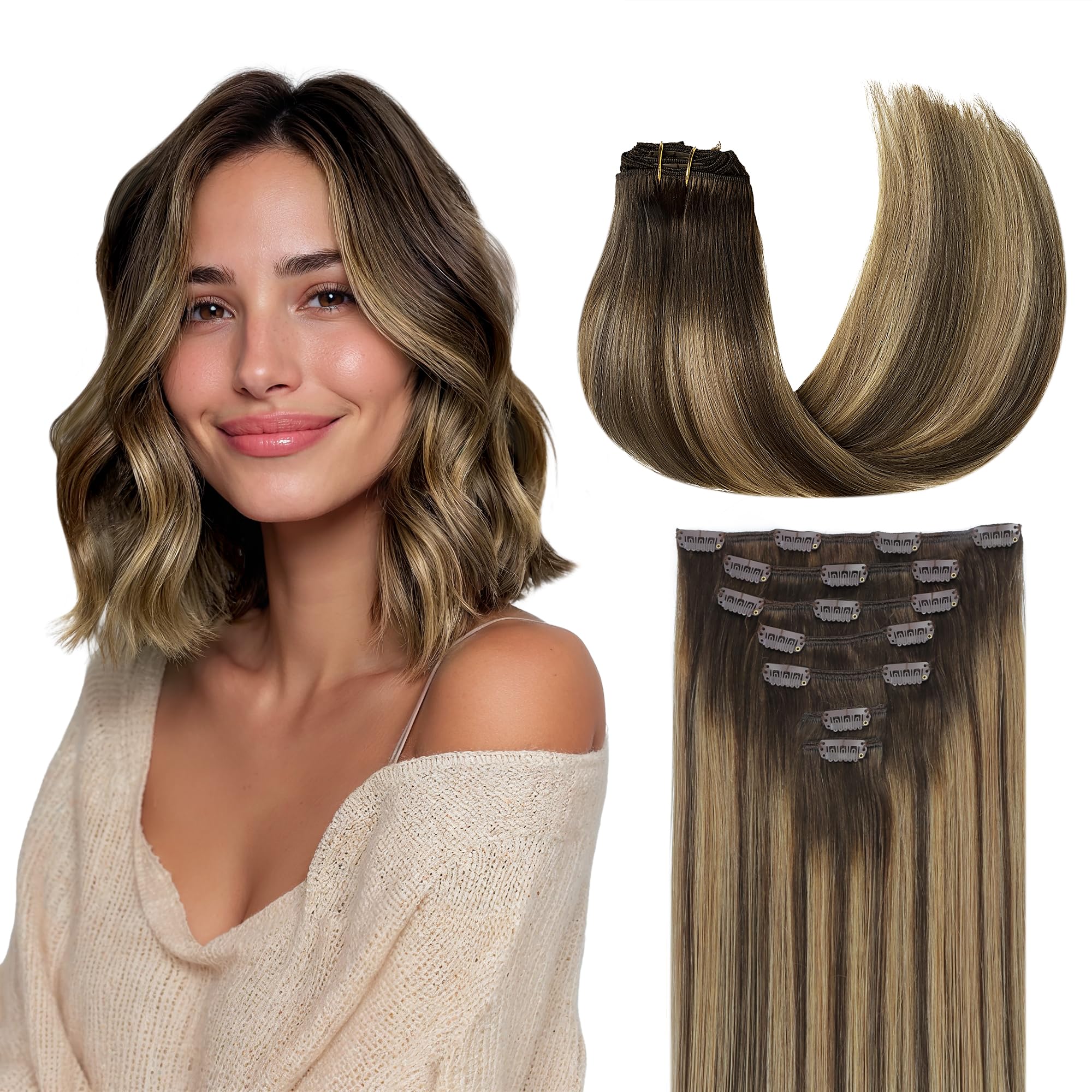 GOO GOO Clip in Hair Extensions Human Hair, 14inch 120g 7Pcs, 3/8/613 Balayage Walnut Brown to Ash Brown and Bleach Blonde, Hair extensions for women, Human Hair Extensions Clip in - pokemaGOO GOO Clip in Hair Extensions Human Hair, 14inch 120g 7Pcs, 3/8/613 Balayage Walnut Brown to Ash Brown and Bleach Blonde, Hair extensions for women, Human Hair Extensions Clip in