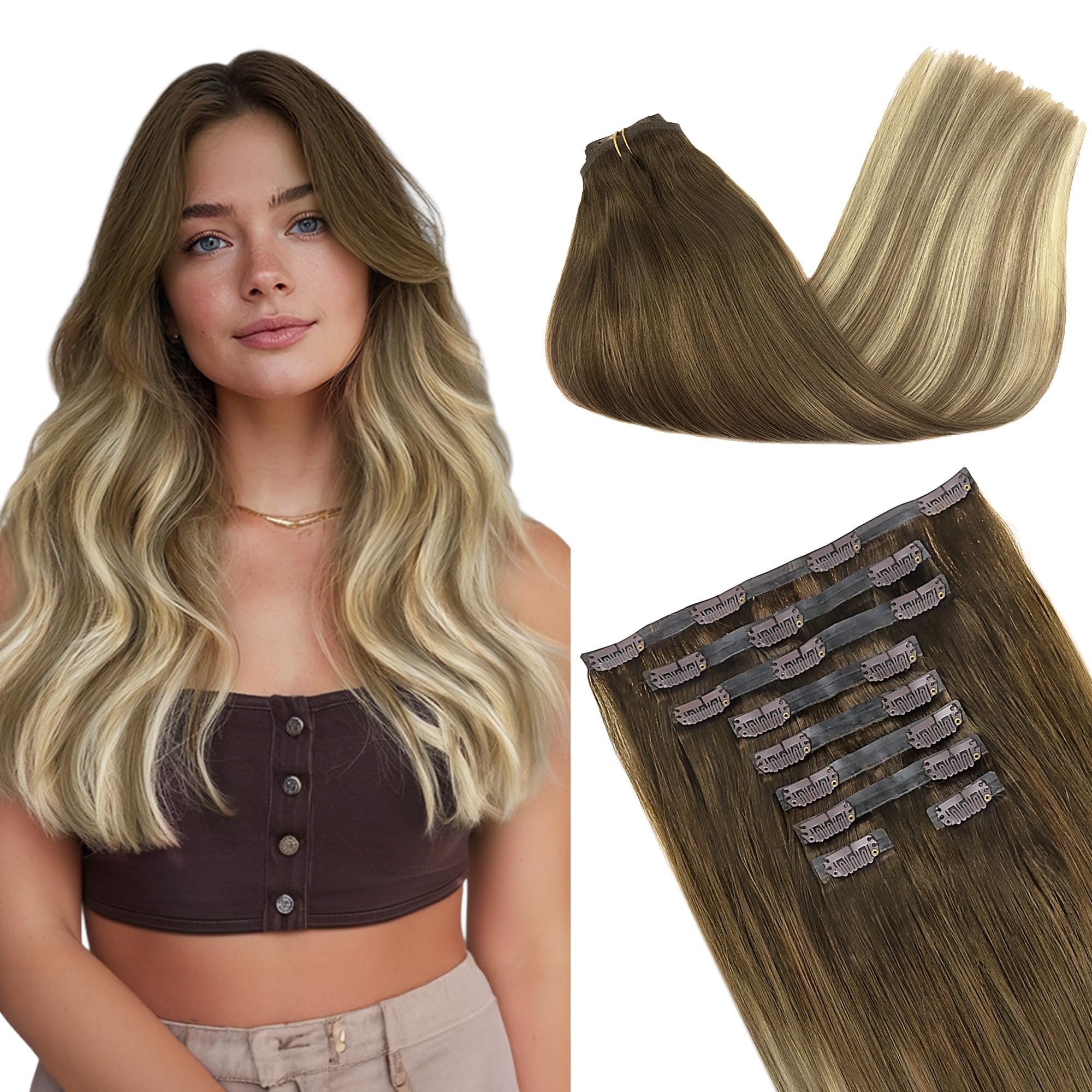 GOO GOO Clip in Hair Extensions Human Hair, 14inch 120g 7Pcs, 3/8/613 Balayage Walnut Brown to Ash Brown and Bleach Blonde, Hair extensions for women, Human Hair Extensions Clip in - pokemaGOO GOO Clip in Hair Extensions Human Hair, 14inch 120g 7Pcs, 3/8/613 Balayage Walnut Brown to Ash Brown and Bleach Blonde, Hair extensions for women, Human Hair Extensions Clip in