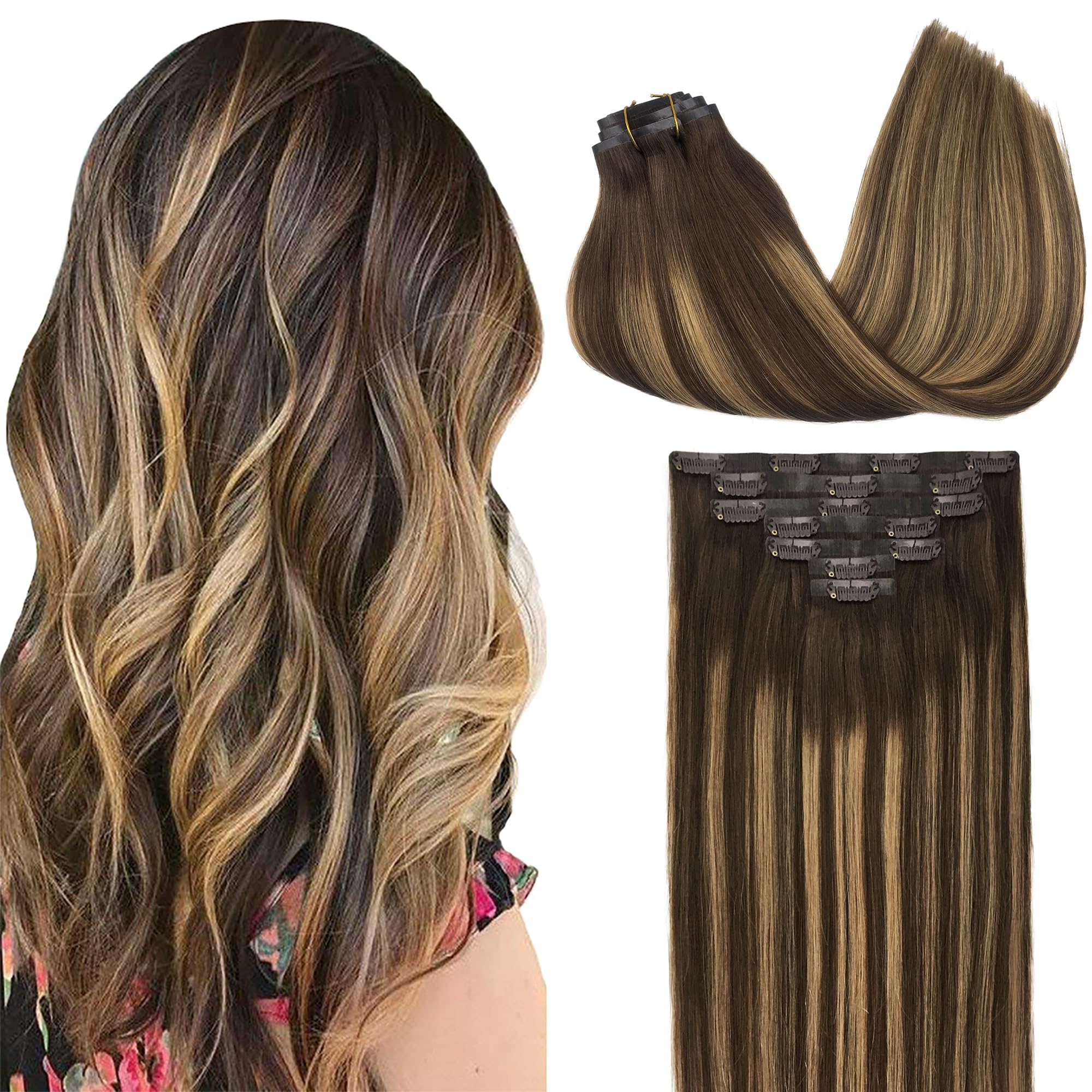 GOO GOO Clip in Hair Extensions Human Hair, 14inch 120g 7Pcs, 3/8/613 Balayage Walnut Brown to Ash Brown and Bleach Blonde, Hair extensions for women, Human Hair Extensions Clip in - pokemaGOO GOO Clip in Hair Extensions Human Hair, 14inch 120g 7Pcs, 3/8/613 Balayage Walnut Brown to Ash Brown and Bleach Blonde, Hair extensions for women, Human Hair Extensions Clip in