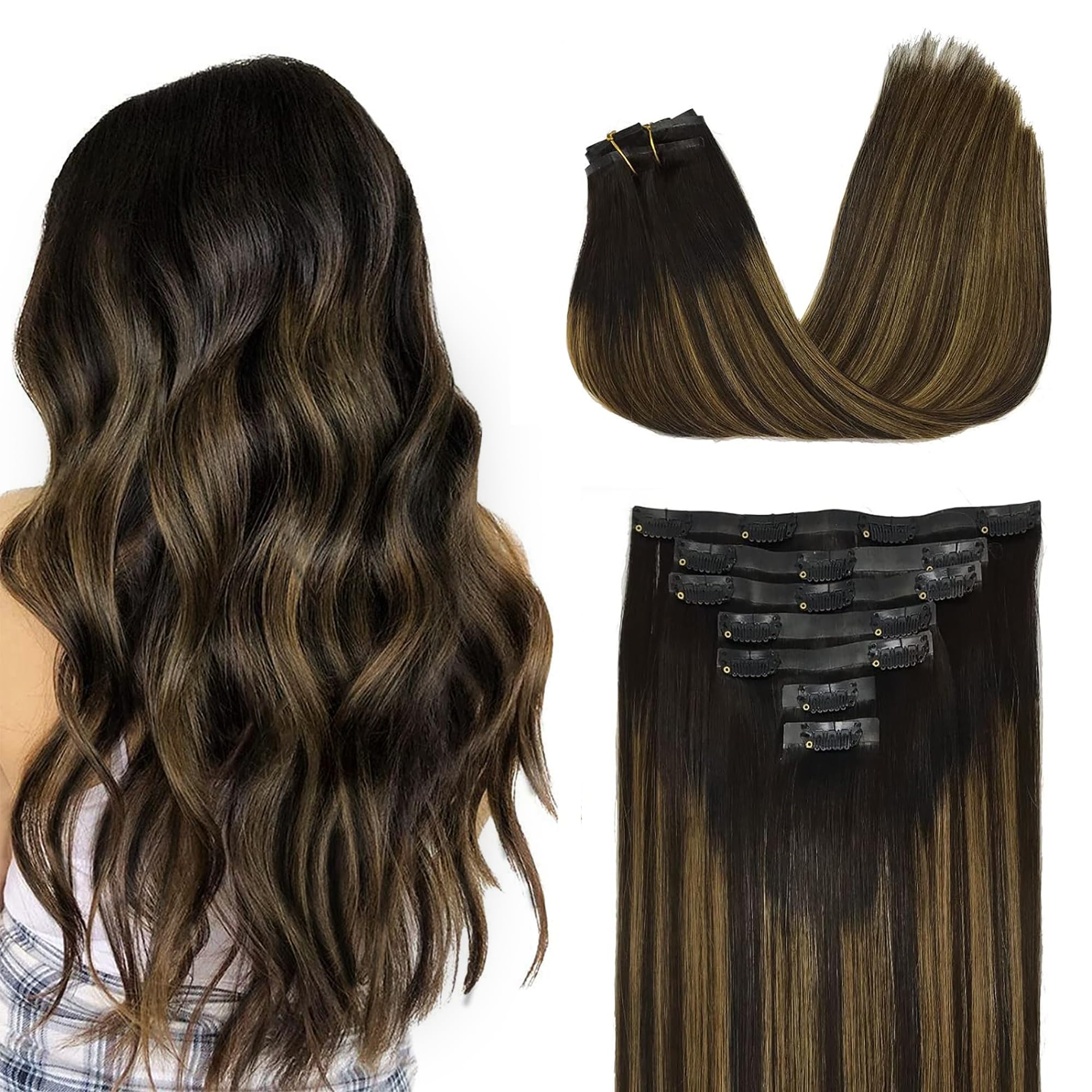 GOO GOO Clip in Hair Extensions Human Hair, 14inch 120g 7Pcs, 3/8/613 Balayage Walnut Brown to Ash Brown and Bleach Blonde, Hair extensions for women, Human Hair Extensions Clip in - pokemaGOO GOO Clip in Hair Extensions Human Hair, 14inch 120g 7Pcs, 3/8/613 Balayage Walnut Brown to Ash Brown and Bleach Blonde, Hair extensions for women, Human Hair Extensions Clip in