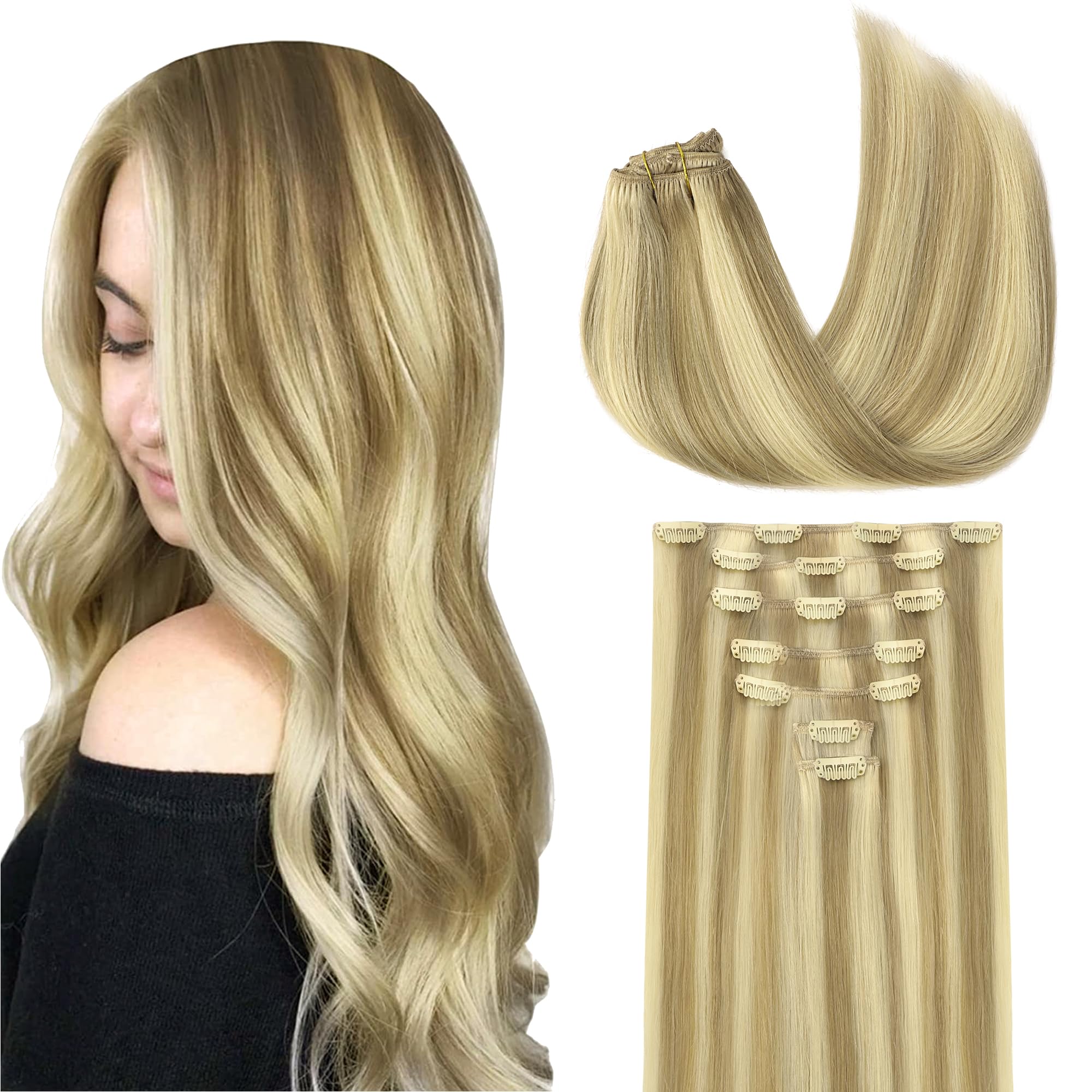 GOO GOO Clip in Hair Extensions Human Hair, 14inch 120g 7Pcs, 3/8/613 Balayage Walnut Brown to Ash Brown and Bleach Blonde, Hair extensions for women, Human Hair Extensions Clip in - pokemaGOO GOO Clip in Hair Extensions Human Hair, 14inch 120g 7Pcs, 3/8/613 Balayage Walnut Brown to Ash Brown and Bleach Blonde, Hair extensions for women, Human Hair Extensions Clip in
