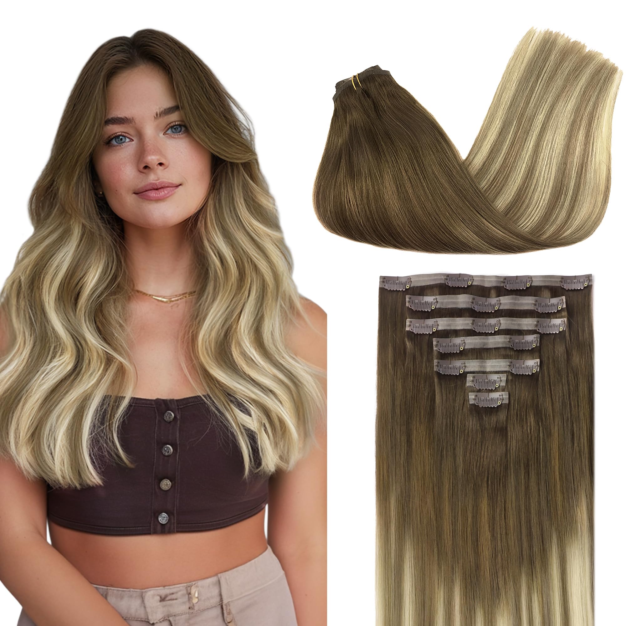 GOO GOO Clip in Hair Extensions Human Hair, 14inch 120g 7Pcs, 3/8/613 Balayage Walnut Brown to Ash Brown and Bleach Blonde, Hair extensions for women, Human Hair Extensions Clip in - pokemaGOO GOO Clip in Hair Extensions Human Hair, 14inch 120g 7Pcs, 3/8/613 Balayage Walnut Brown to Ash Brown and Bleach Blonde, Hair extensions for women, Human Hair Extensions Clip in