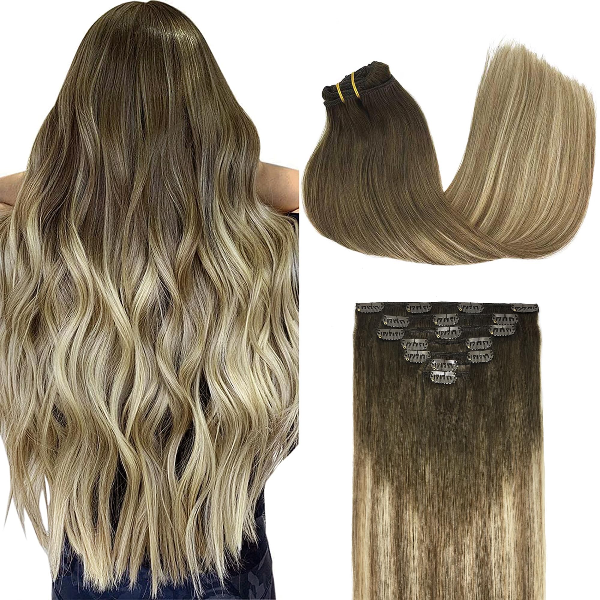 GOO GOO Clip in Hair Extensions Human Hair, 14inch 120g 7Pcs, 3/8/613 Balayage Walnut Brown to Ash Brown and Bleach Blonde, Hair extensions for women, Human Hair Extensions Clip in - pokemaGOO GOO Clip in Hair Extensions Human Hair, 14inch 120g 7Pcs, 3/8/613 Balayage Walnut Brown to Ash Brown and Bleach Blonde, Hair extensions for women, Human Hair Extensions Clip in
