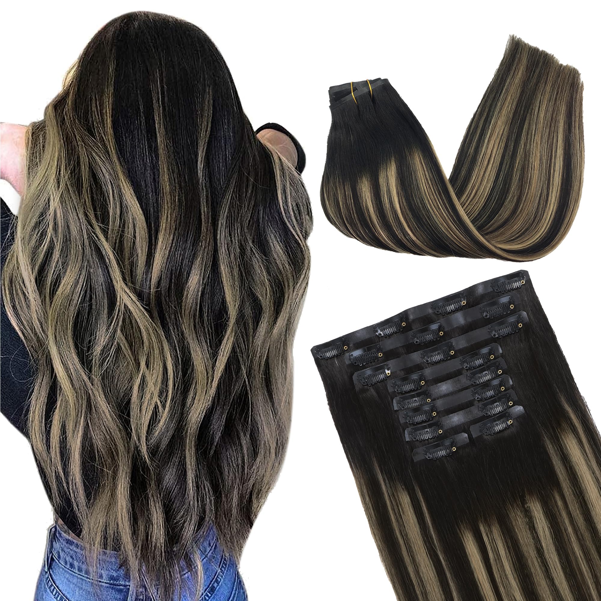 GOO GOO Clip in Hair Extensions Human Hair, 14inch 120g 7Pcs, 3/8/613 Balayage Walnut Brown to Ash Brown and Bleach Blonde, Hair extensions for women, Human Hair Extensions Clip in - pokemaGOO GOO Clip in Hair Extensions Human Hair, 14inch 120g 7Pcs, 3/8/613 Balayage Walnut Brown to Ash Brown and Bleach Blonde, Hair extensions for women, Human Hair Extensions Clip in