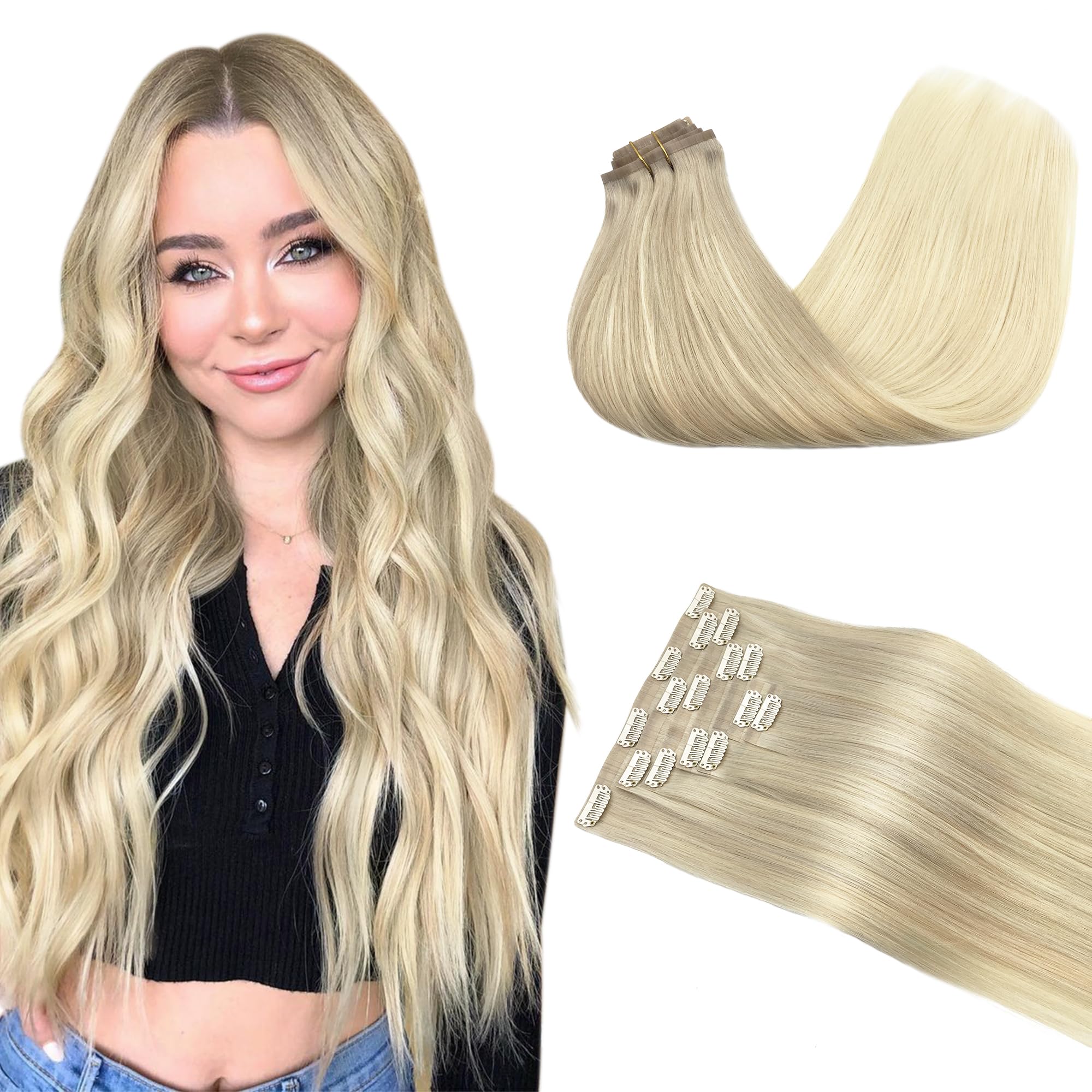 GOO GOO Clip in Hair Extensions Human Hair, 14inch 120g 7Pcs, 3/8/613 Balayage Walnut Brown to Ash Brown and Bleach Blonde, Hair extensions for women, Human Hair Extensions Clip in - pokemaGOO GOO Clip in Hair Extensions Human Hair, 14inch 120g 7Pcs, 3/8/613 Balayage Walnut Brown to Ash Brown and Bleach Blonde, Hair extensions for women, Human Hair Extensions Clip in