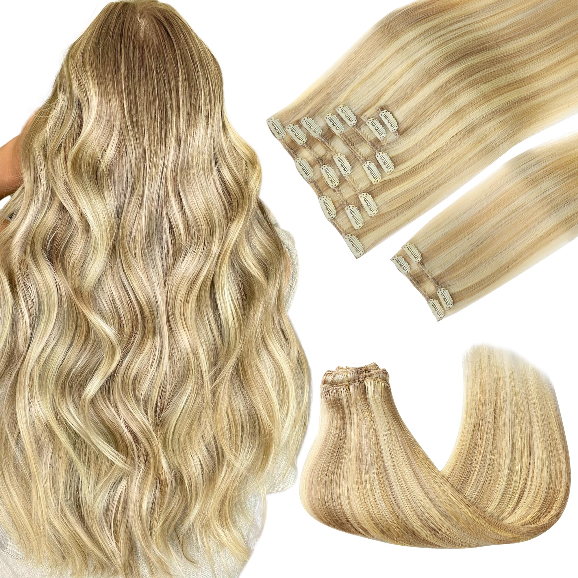 GOO GOO Clip in Hair Extensions Human Hair, 14inch 120g 7Pcs, 3/8/613 Balayage Walnut Brown to Ash Brown and Bleach Blonde, Hair extensions for women, Human Hair Extensions Clip in - pokemaGOO GOO Clip in Hair Extensions Human Hair, 14inch 120g 7Pcs, 3/8/613 Balayage Walnut Brown to Ash Brown and Bleach Blonde, Hair extensions for women, Human Hair Extensions Clip in