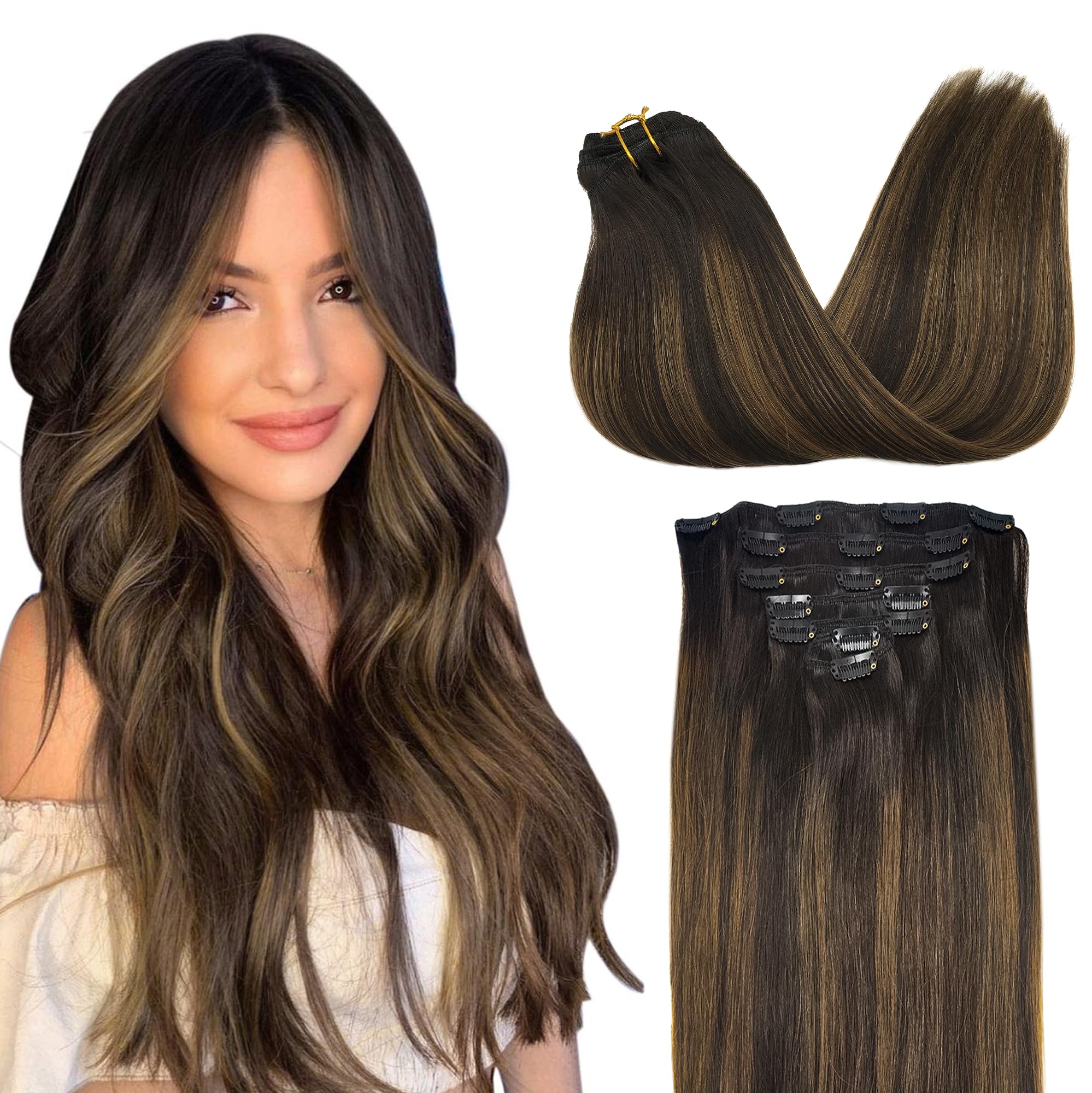 GOO GOO Clip in Hair Extensions Human Hair, 14inch 120g 7Pcs, 3/8/613 Balayage Walnut Brown to Ash Brown and Bleach Blonde, Hair extensions for women, Human Hair Extensions Clip in - pokemaGOO GOO Clip in Hair Extensions Human Hair, 14inch 120g 7Pcs, 3/8/613 Balayage Walnut Brown to Ash Brown and Bleach Blonde, Hair extensions for women, Human Hair Extensions Clip in