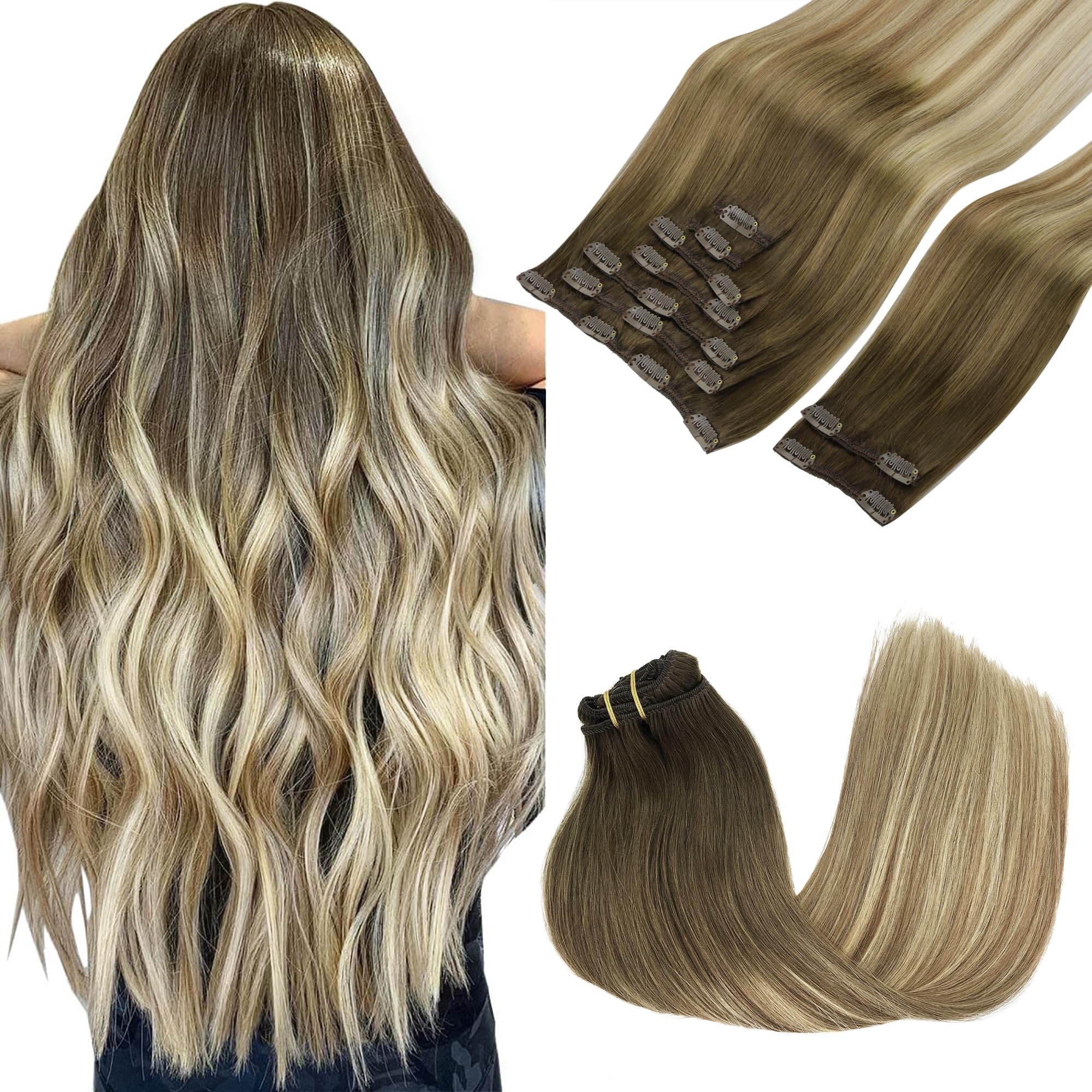 GOO GOO Clip in Hair Extensions Human Hair, 14inch 120g 7Pcs, 3/8/613 Balayage Walnut Brown to Ash Brown and Bleach Blonde, Hair extensions for women, Human Hair Extensions Clip in - pokemaGOO GOO Clip in Hair Extensions Human Hair, 14inch 120g 7Pcs, 3/8/613 Balayage Walnut Brown to Ash Brown and Bleach Blonde, Hair extensions for women, Human Hair Extensions Clip in