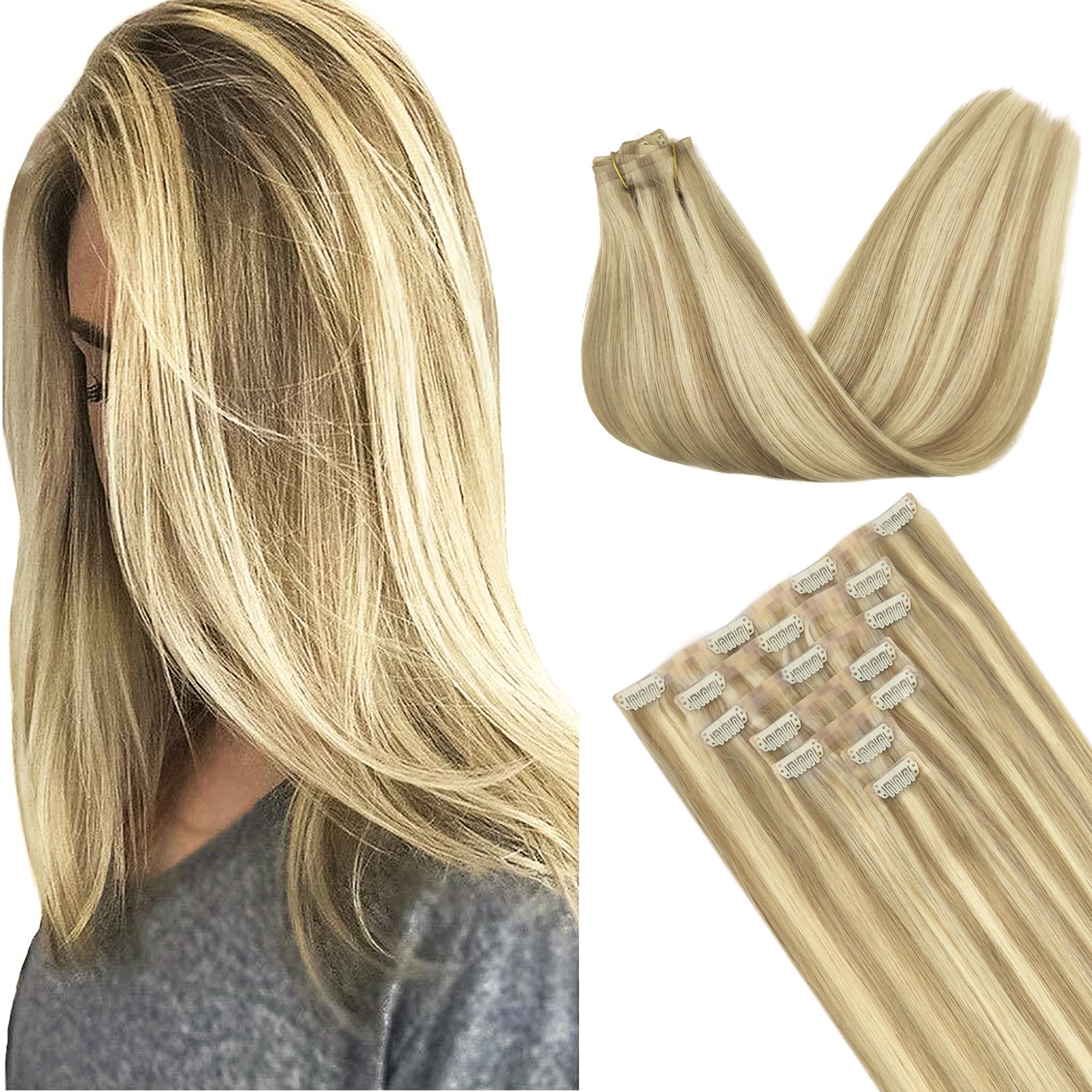 GOO GOO Clip in Hair Extensions Human Hair, 14inch 120g 7Pcs, 3/8/613 Balayage Walnut Brown to Ash Brown and Bleach Blonde, Hair extensions for women, Human Hair Extensions Clip in - pokemaGOO GOO Clip in Hair Extensions Human Hair, 14inch 120g 7Pcs, 3/8/613 Balayage Walnut Brown to Ash Brown and Bleach Blonde, Hair extensions for women, Human Hair Extensions Clip in