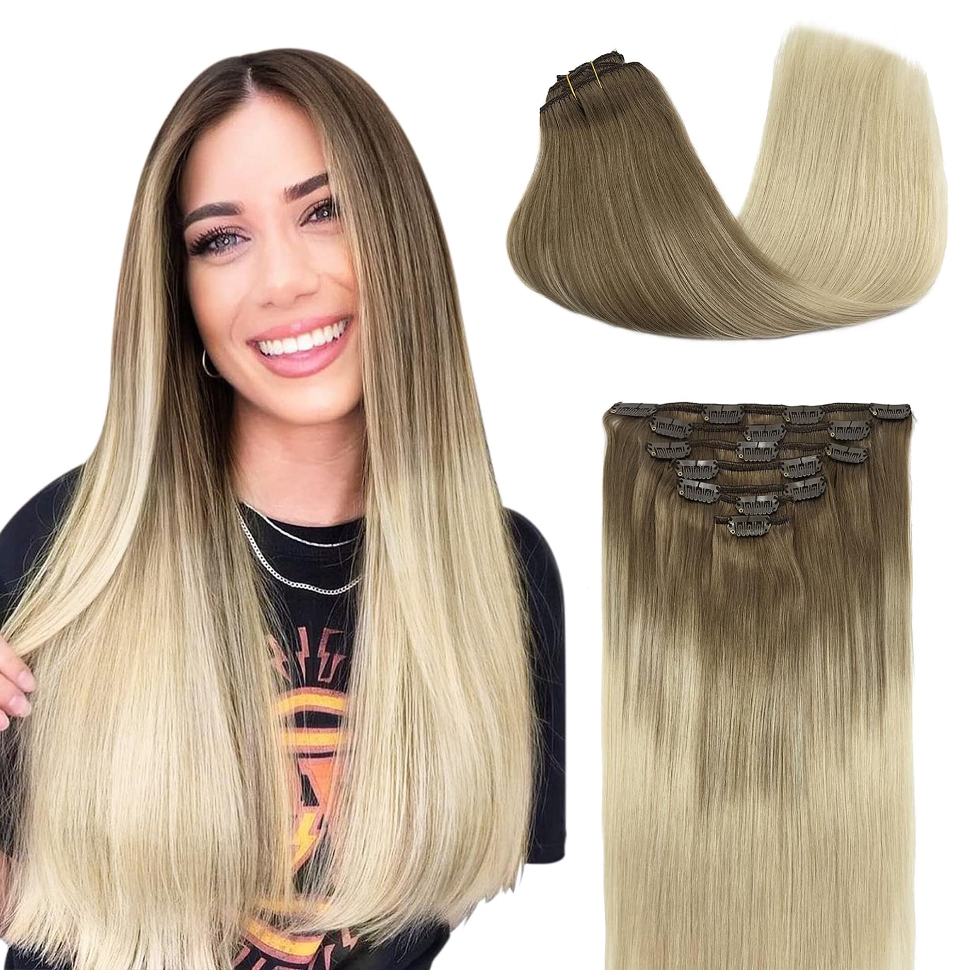 GOO GOO Clip in Hair Extensions Human Hair, 14inch 120g 7Pcs, 3/8/613 Balayage Walnut Brown to Ash Brown and Bleach Blonde, Hair extensions for women, Human Hair Extensions Clip in - pokemaGOO GOO Clip in Hair Extensions Human Hair, 14inch 120g 7Pcs, 3/8/613 Balayage Walnut Brown to Ash Brown and Bleach Blonde, Hair extensions for women, Human Hair Extensions Clip in
