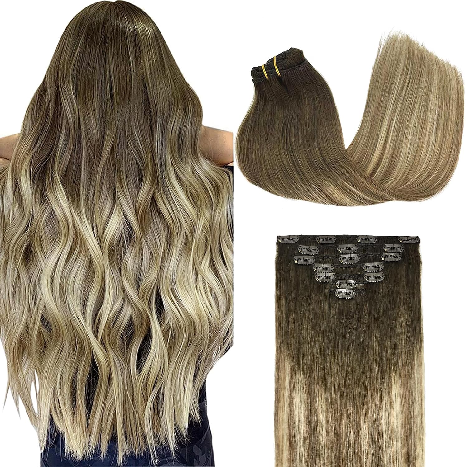 GOO GOO Clip in Hair Extensions Human Hair, 14inch 120g 7Pcs, 3/8/613 Balayage Walnut Brown to Ash Brown and Bleach Blonde, Hair extensions for women, Human Hair Extensions Clip in - pokemaGOO GOO Clip in Hair Extensions Human Hair, 14inch 120g 7Pcs, 3/8/613 Balayage Walnut Brown to Ash Brown and Bleach Blonde, Hair extensions for women, Human Hair Extensions Clip in