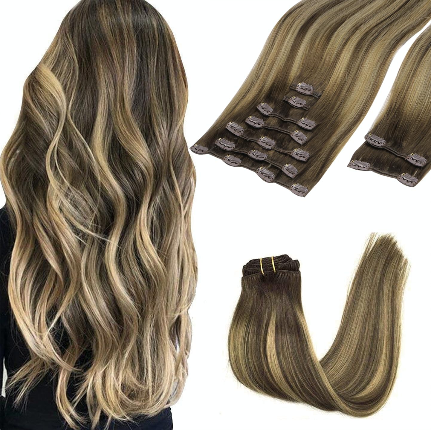 GOO GOO Clip in Hair Extensions Human Hair, 14inch 120g 7Pcs, 3/8/613 Balayage Walnut Brown to Ash Brown and Bleach Blonde, Hair extensions for women, Human Hair Extensions Clip in - pokemaGOO GOO Clip in Hair Extensions Human Hair, 14inch 120g 7Pcs, 3/8/613 Balayage Walnut Brown to Ash Brown and Bleach Blonde, Hair extensions for women, Human Hair Extensions Clip in