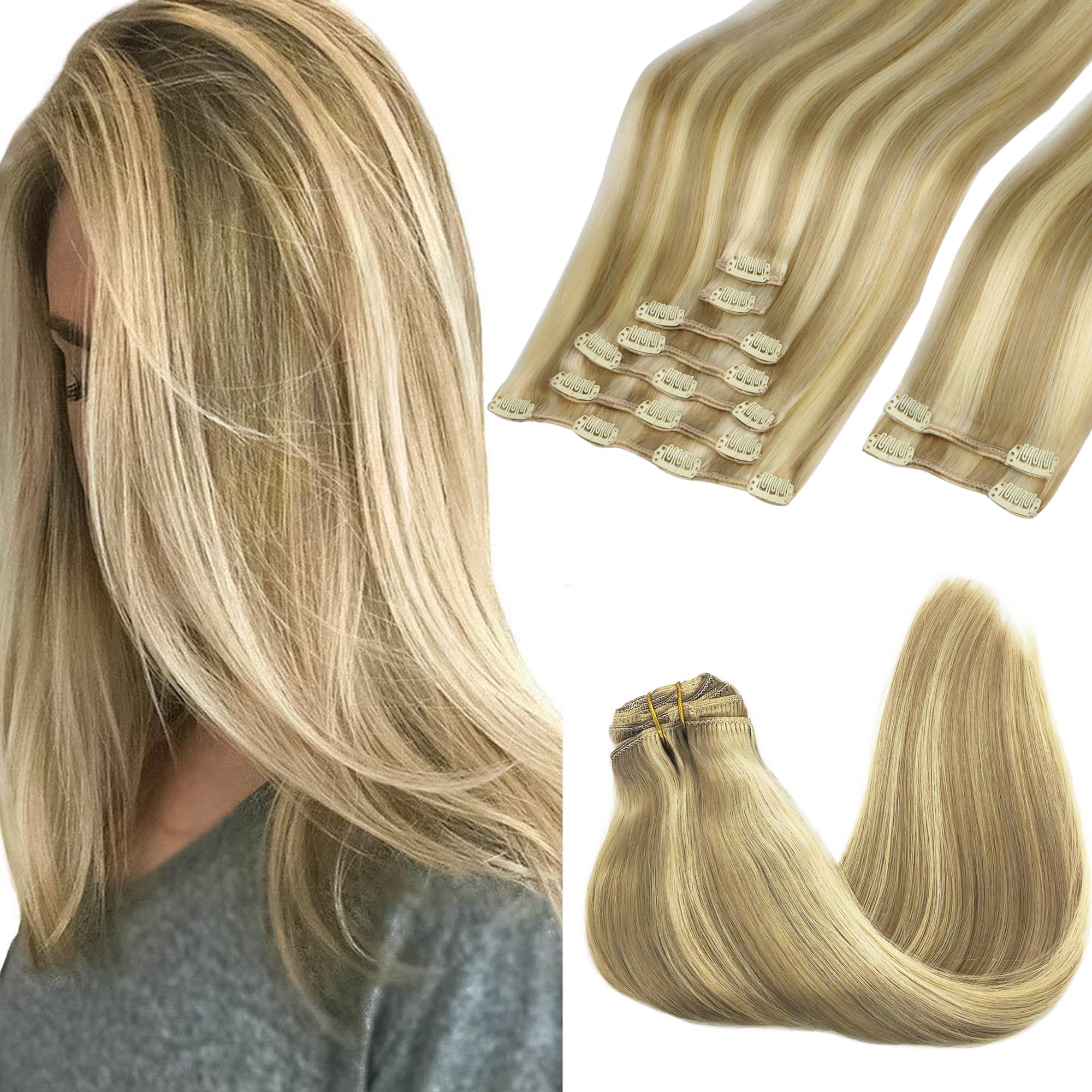 GOO GOO Clip in Hair Extensions Human Hair, 14inch 120g 7Pcs, 3/8/613 Balayage Walnut Brown to Ash Brown and Bleach Blonde, Hair extensions for women, Human Hair Extensions Clip in - pokemaGOO GOO Clip in Hair Extensions Human Hair, 14inch 120g 7Pcs, 3/8/613 Balayage Walnut Brown to Ash Brown and Bleach Blonde, Hair extensions for women, Human Hair Extensions Clip in