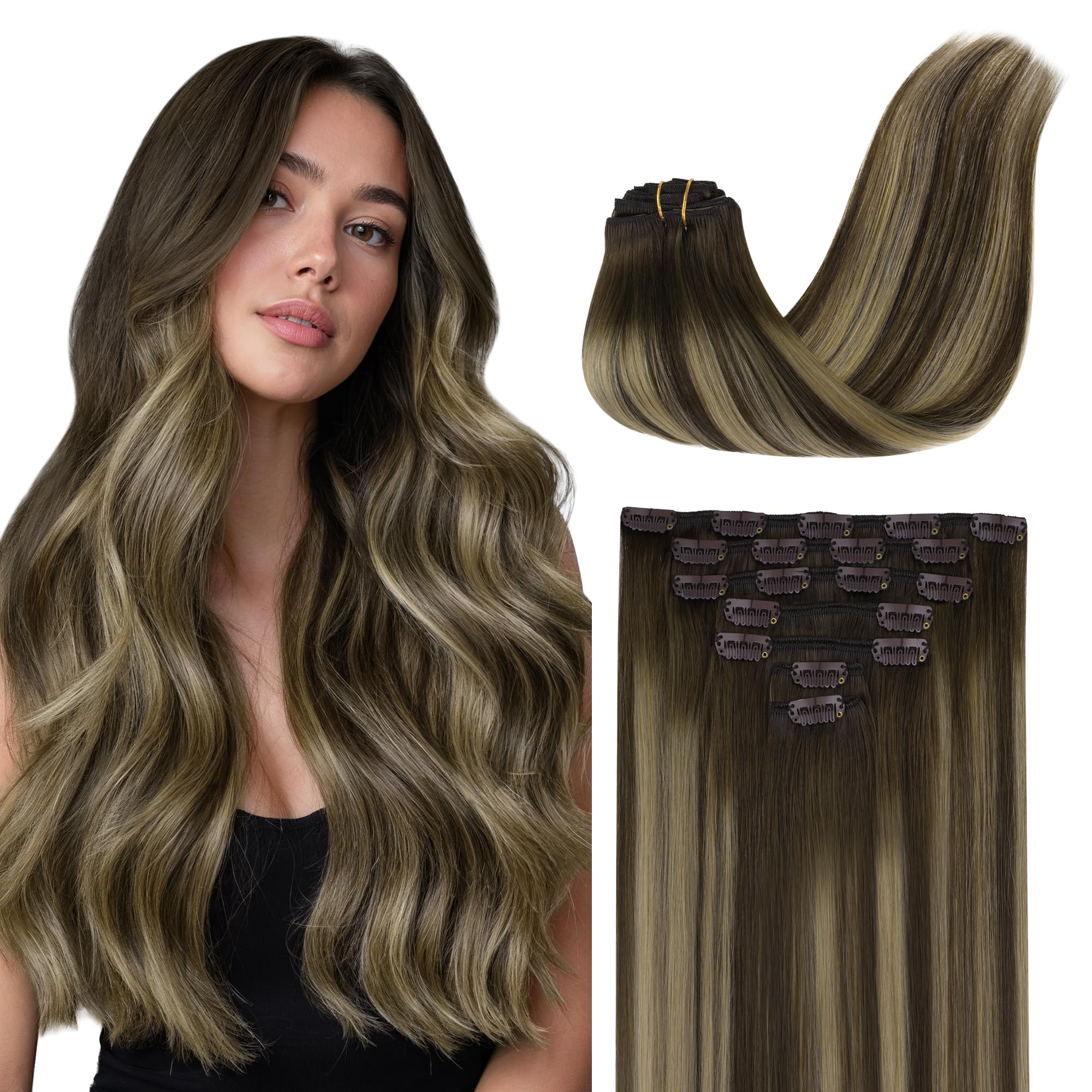 GOO GOO Clip in Hair Extensions Human Hair, 14inch 120g 7Pcs, 3/8/613 Balayage Walnut Brown to Ash Brown and Bleach Blonde, Hair extensions for women, Human Hair Extensions Clip in - pokemaGOO GOO Clip in Hair Extensions Human Hair, 14inch 120g 7Pcs, 3/8/613 Balayage Walnut Brown to Ash Brown and Bleach Blonde, Hair extensions for women, Human Hair Extensions Clip in