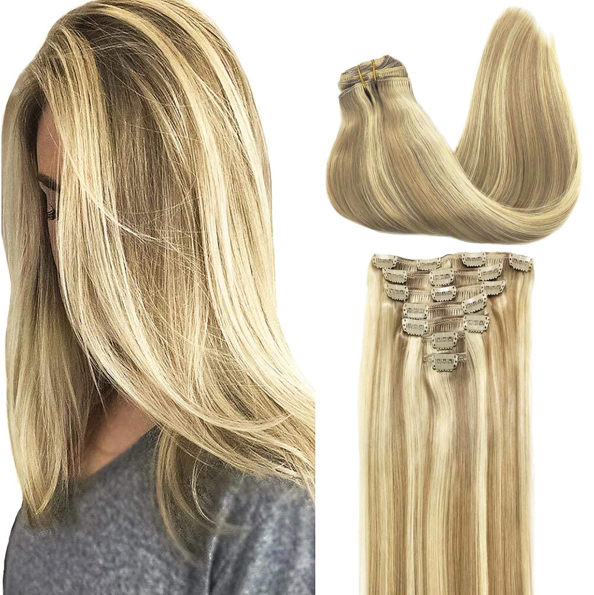 GOO GOO Clip in Hair Extensions Human Hair, 14inch 120g 7Pcs, 3/8/613 Balayage Walnut Brown to Ash Brown and Bleach Blonde, Hair extensions for women, Human Hair Extensions Clip in - pokemaGOO GOO Clip in Hair Extensions Human Hair, 14inch 120g 7Pcs, 3/8/613 Balayage Walnut Brown to Ash Brown and Bleach Blonde, Hair extensions for women, Human Hair Extensions Clip in