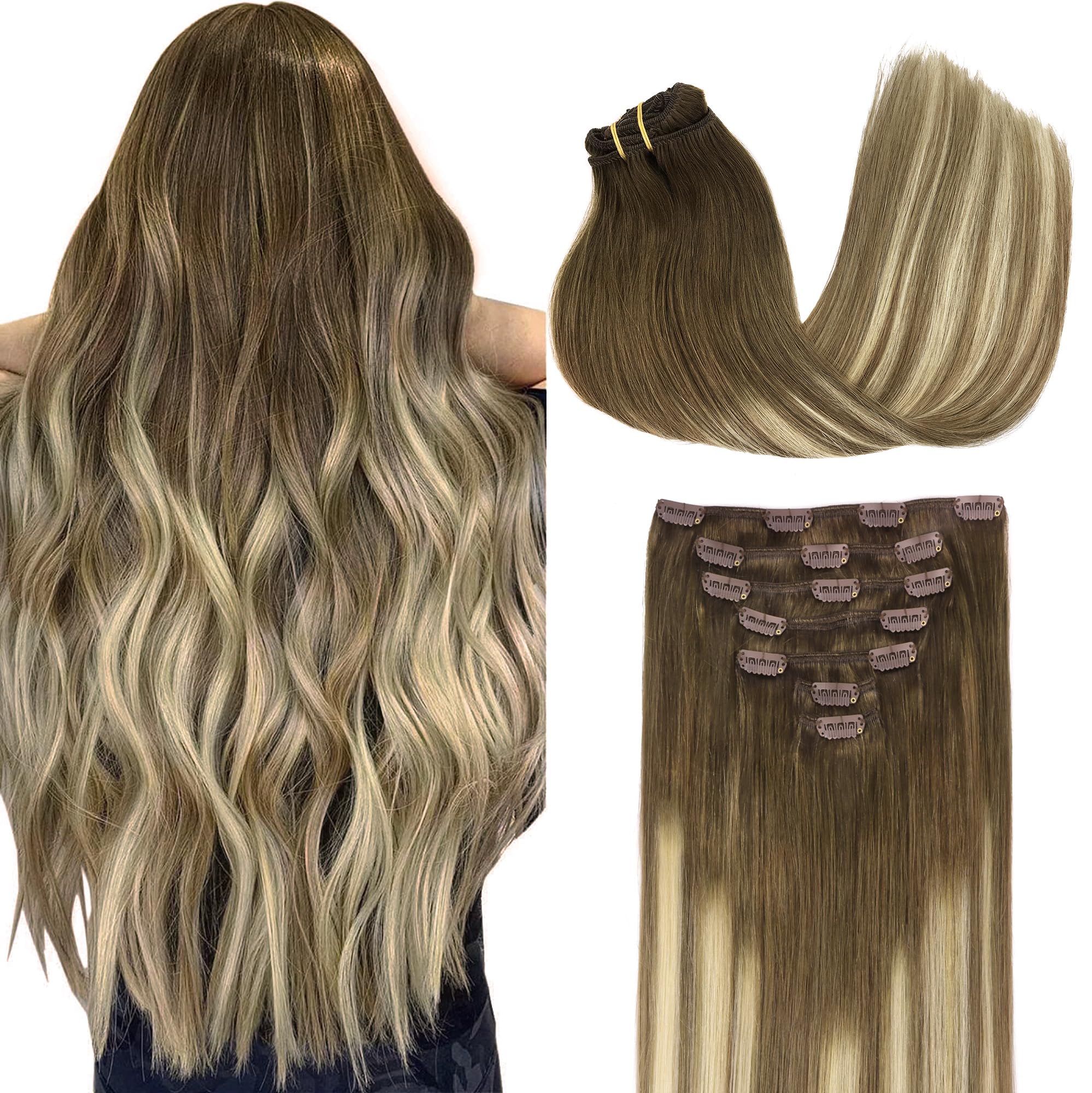 GOO GOO Clip in Hair Extensions Human Hair, 14inch 120g 7Pcs, 3/8/613 Balayage Walnut Brown to Ash Brown and Bleach Blonde, Hair extensions for women, Human Hair Extensions Clip in - pokemaGOO GOO Clip in Hair Extensions Human Hair, 14inch 120g 7Pcs, 3/8/613 Balayage Walnut Brown to Ash Brown and Bleach Blonde, Hair extensions for women, Human Hair Extensions Clip in
